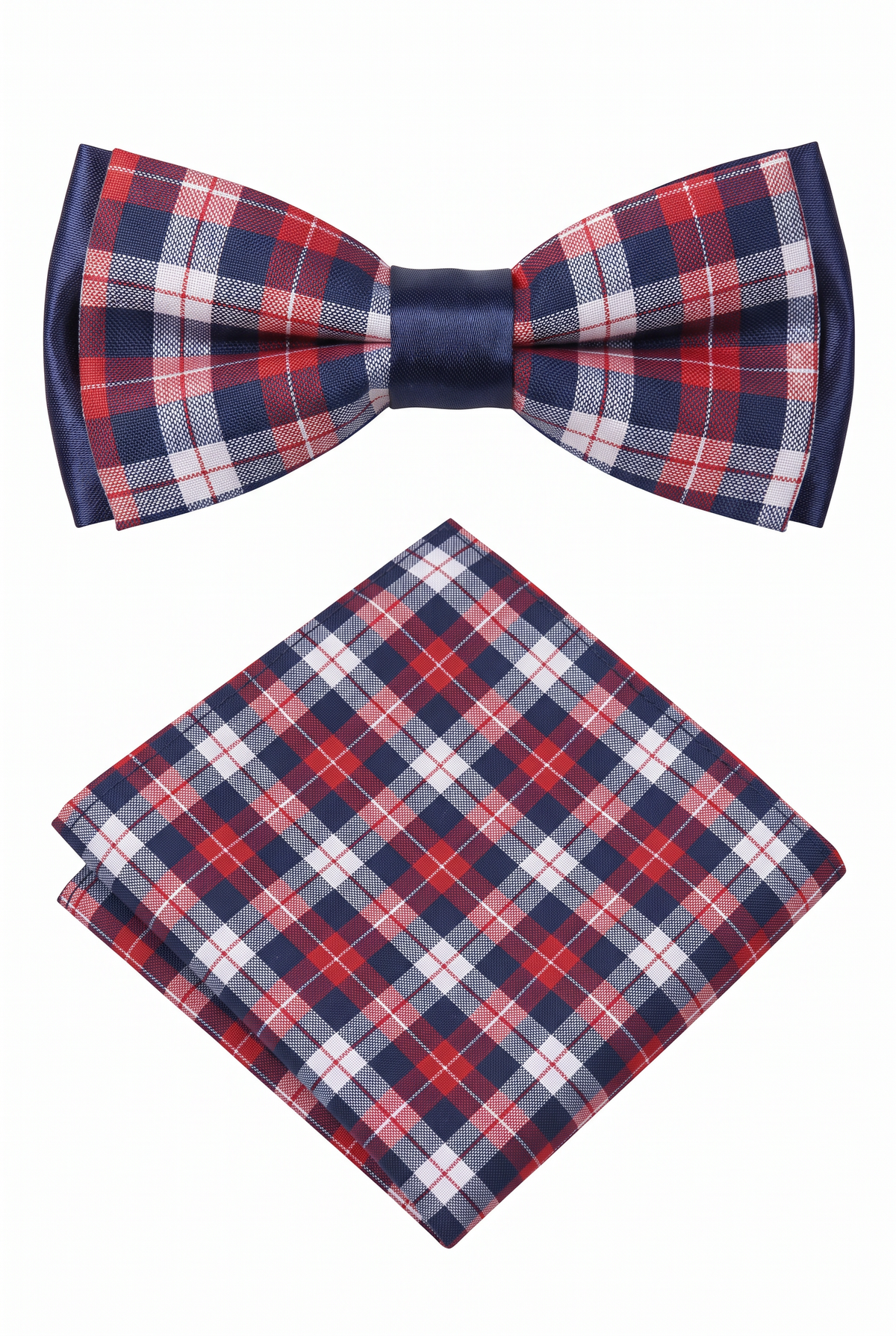 Boys checkered pre-tied bow tie with matching pocket square in red and navy
