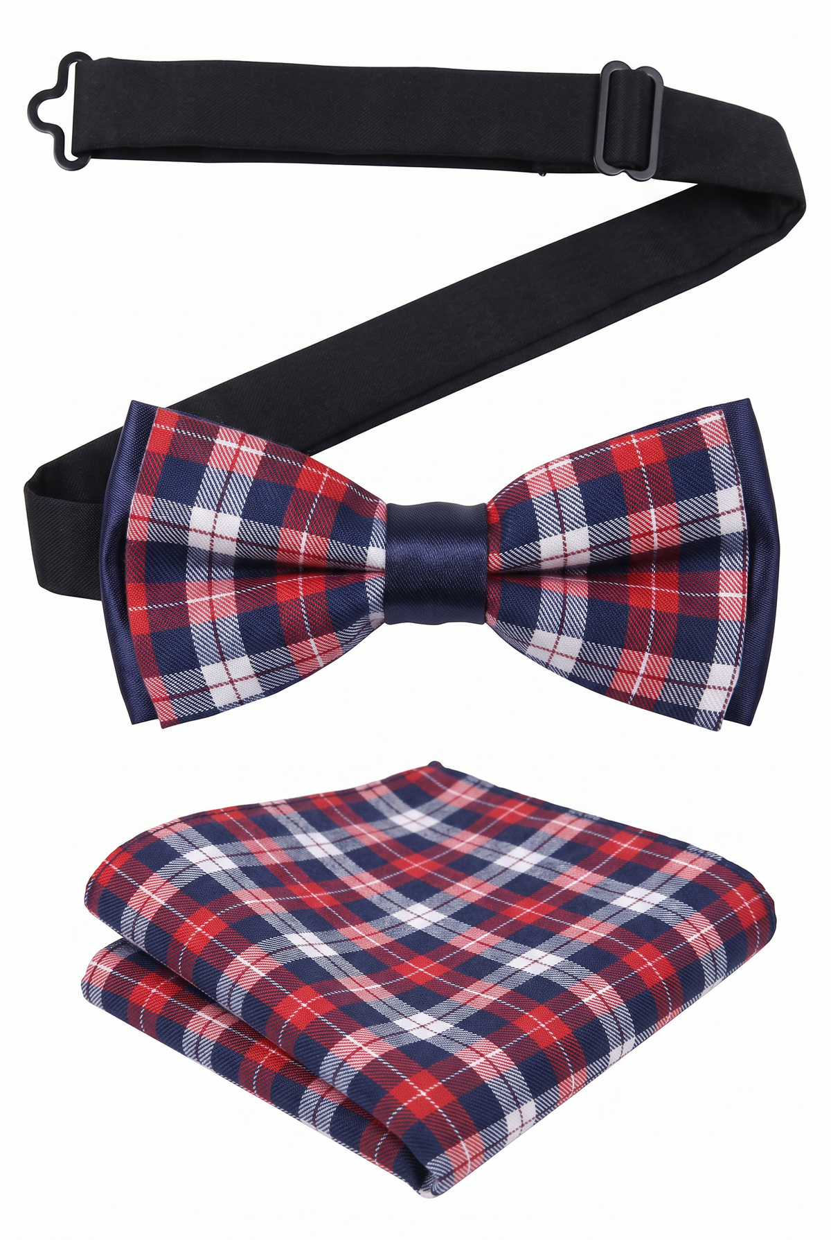 Boys checkered pre-tied bow tie and matching pocket square with adjustable neck strap in red and navy