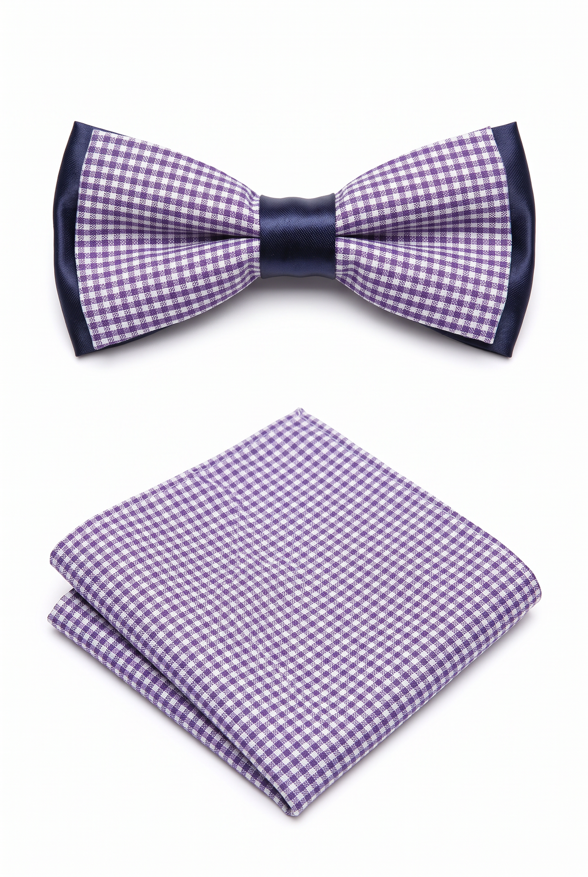 Boys checkered pre-tied bow tie with matching pocket square in violet and white