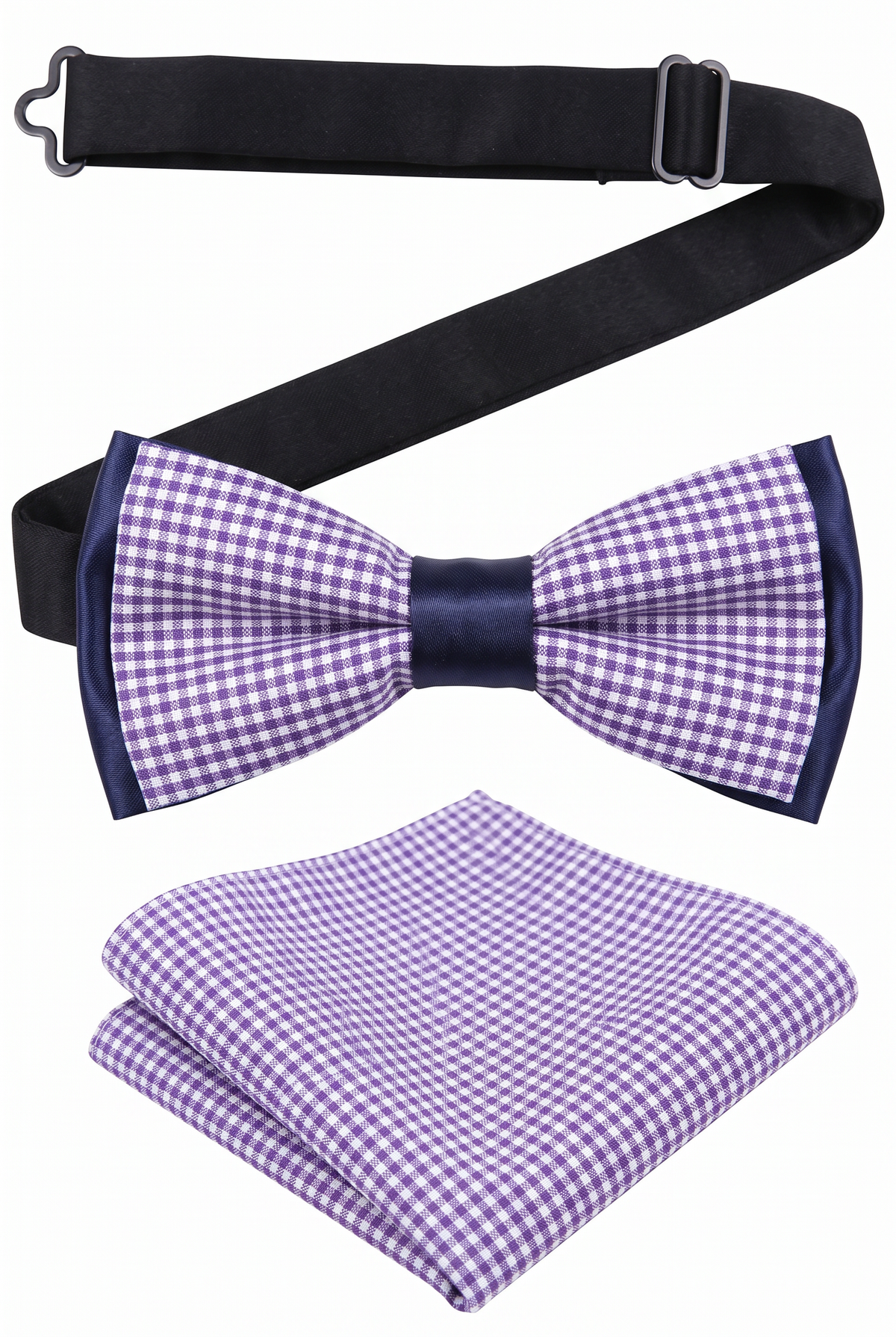 Boys checkered pre-tied bow tie and matching pocket square with adjustable neck strap in violet and white