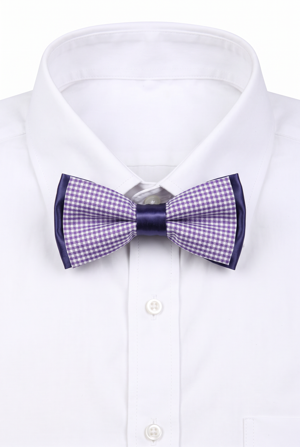 Boys checkered pre-tied bow tie worn with a white formal shirt in violet and white
