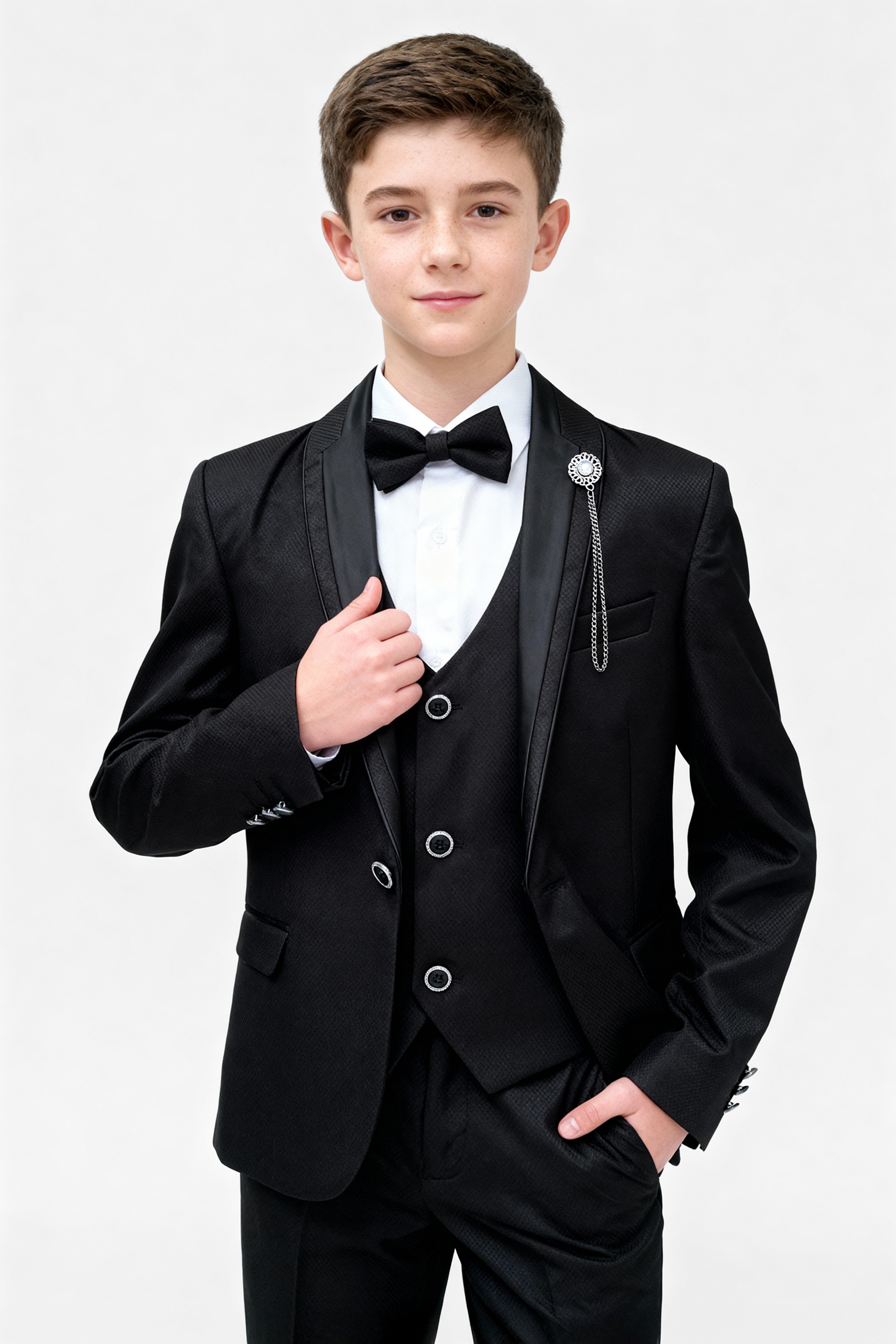 Boys Black 6-Piece Textured Tuxedo Suit - BIYELI Front Picture