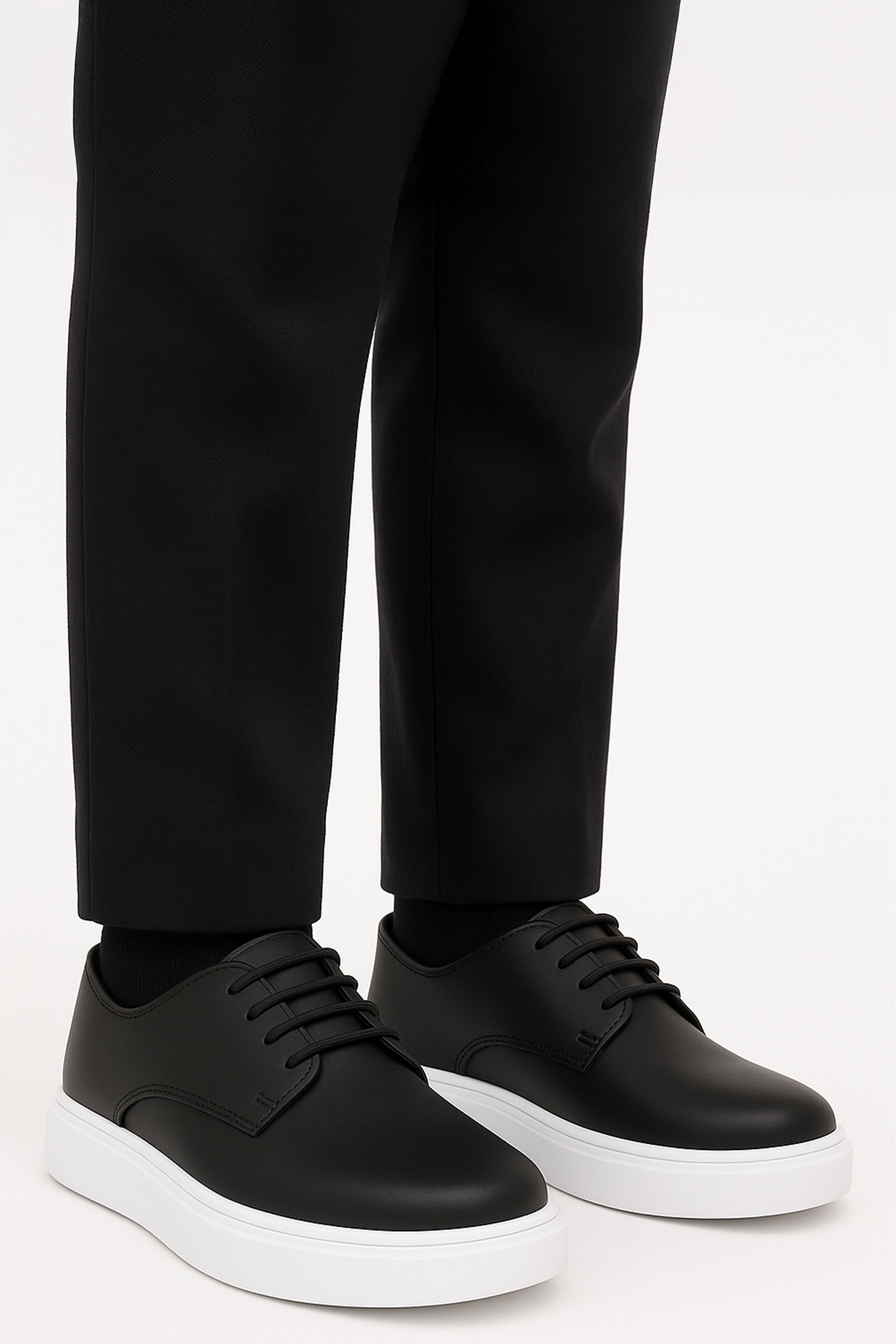 Boys Black Lace-up Sneaker with White Thick Sole - Black Model Picture