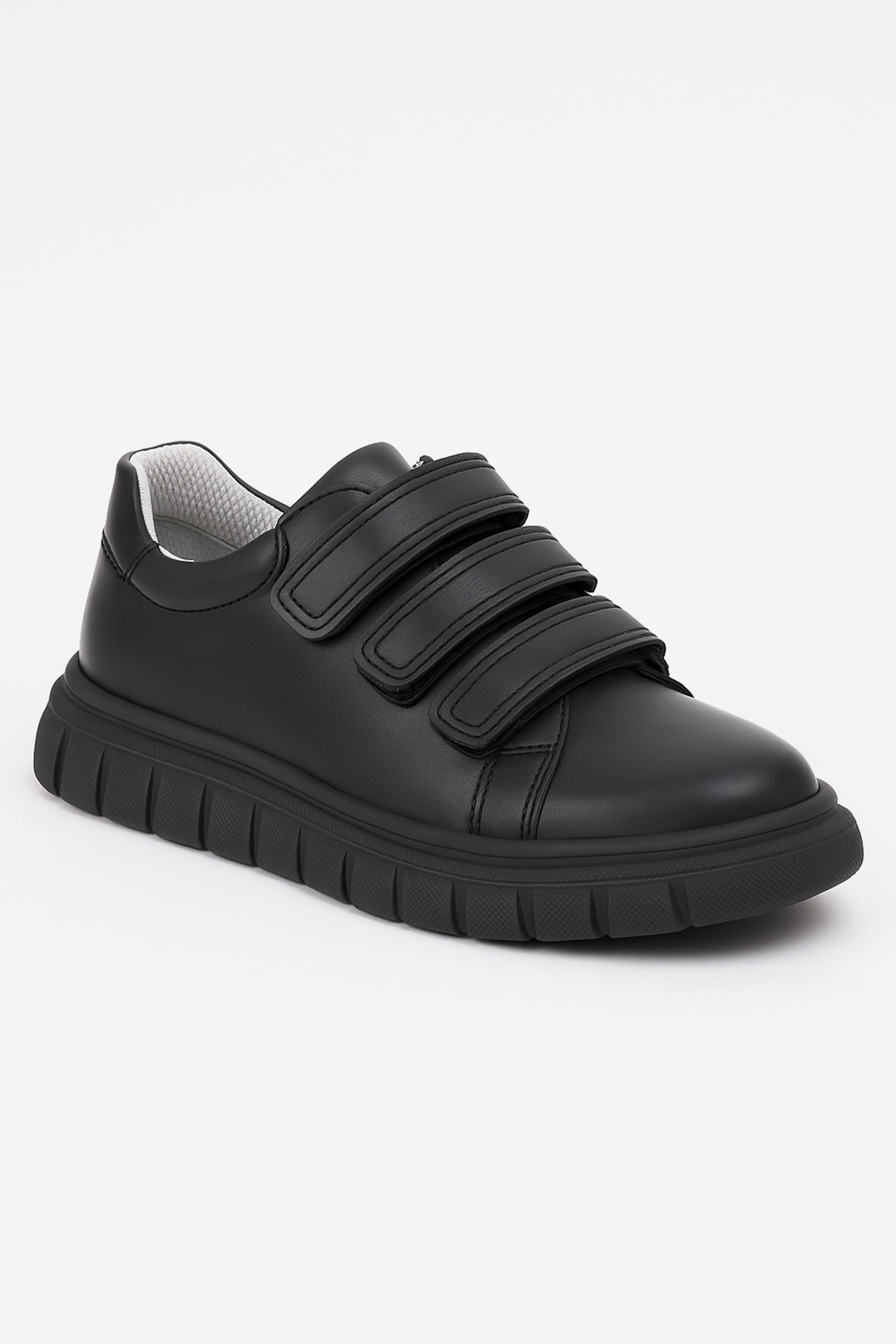 Boys Black Leather School Trainer Shoes with Triple Strap Closure - 4003 - Black Side Picture