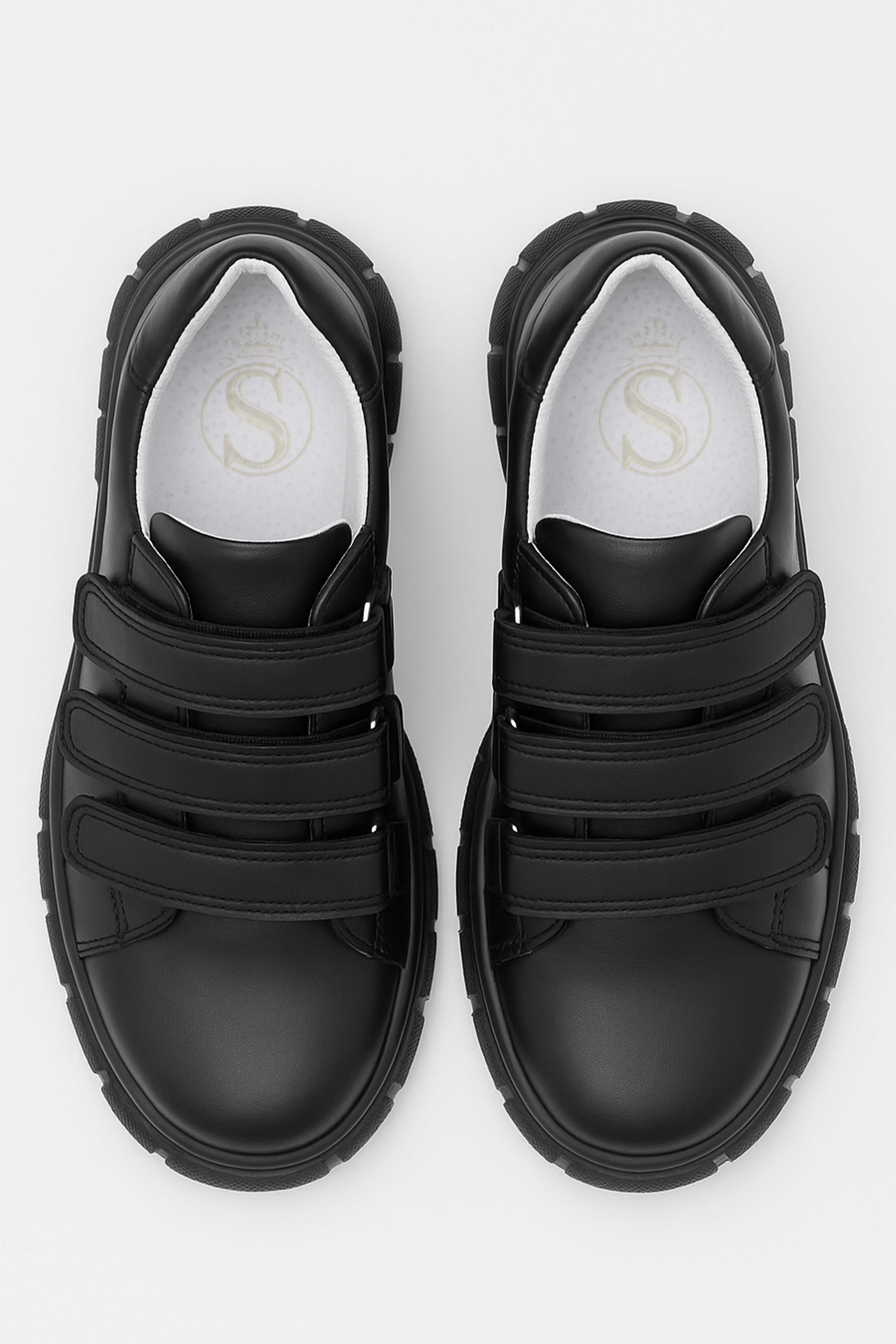 Boys Black Leather School Trainer Shoes with Triple Strap Closure - 4003 - Black Front Pair Picture