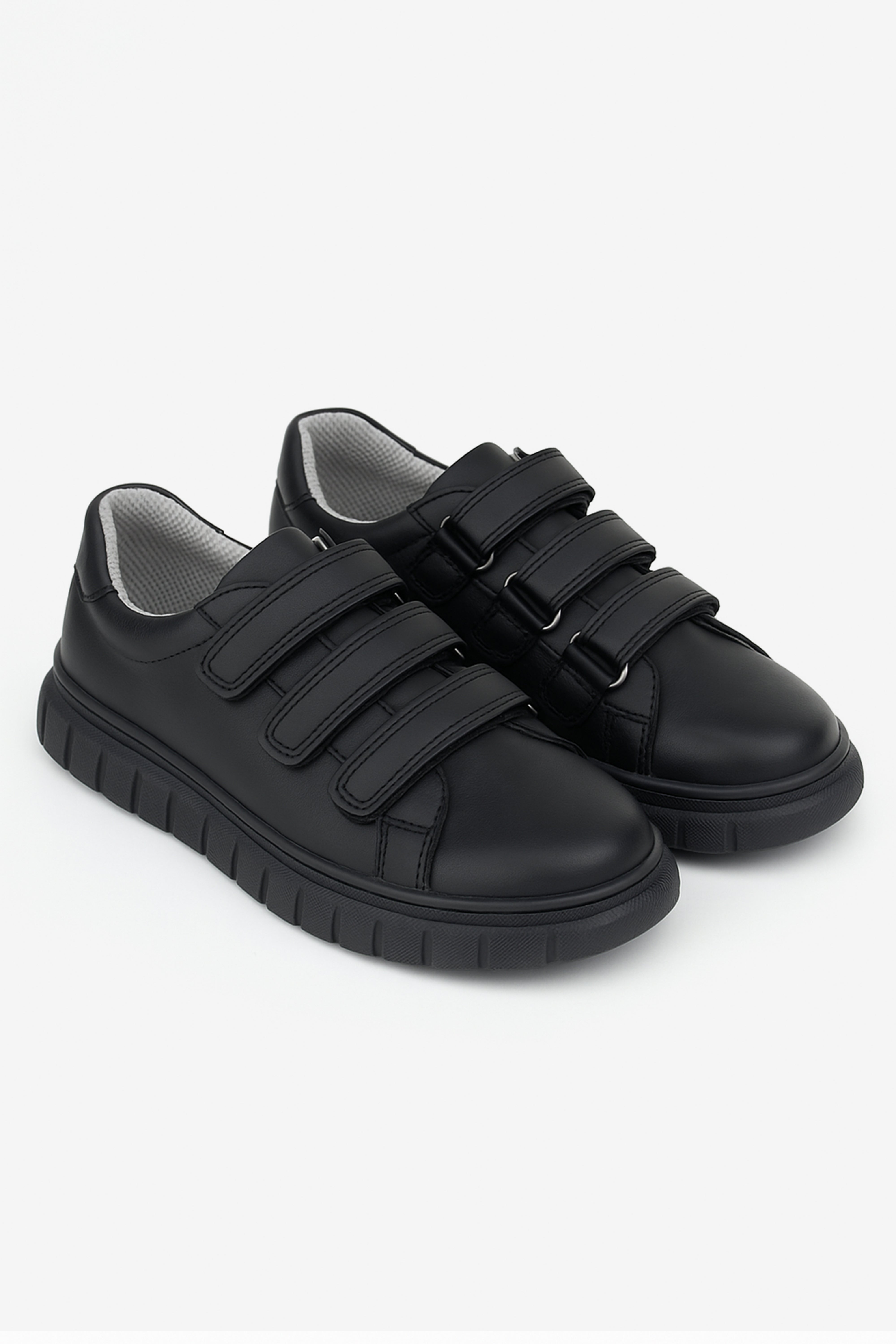 Boys Black Leather School Trainer Shoes with Triple Strap Closure - 4003 - Black Pair Side Picture
