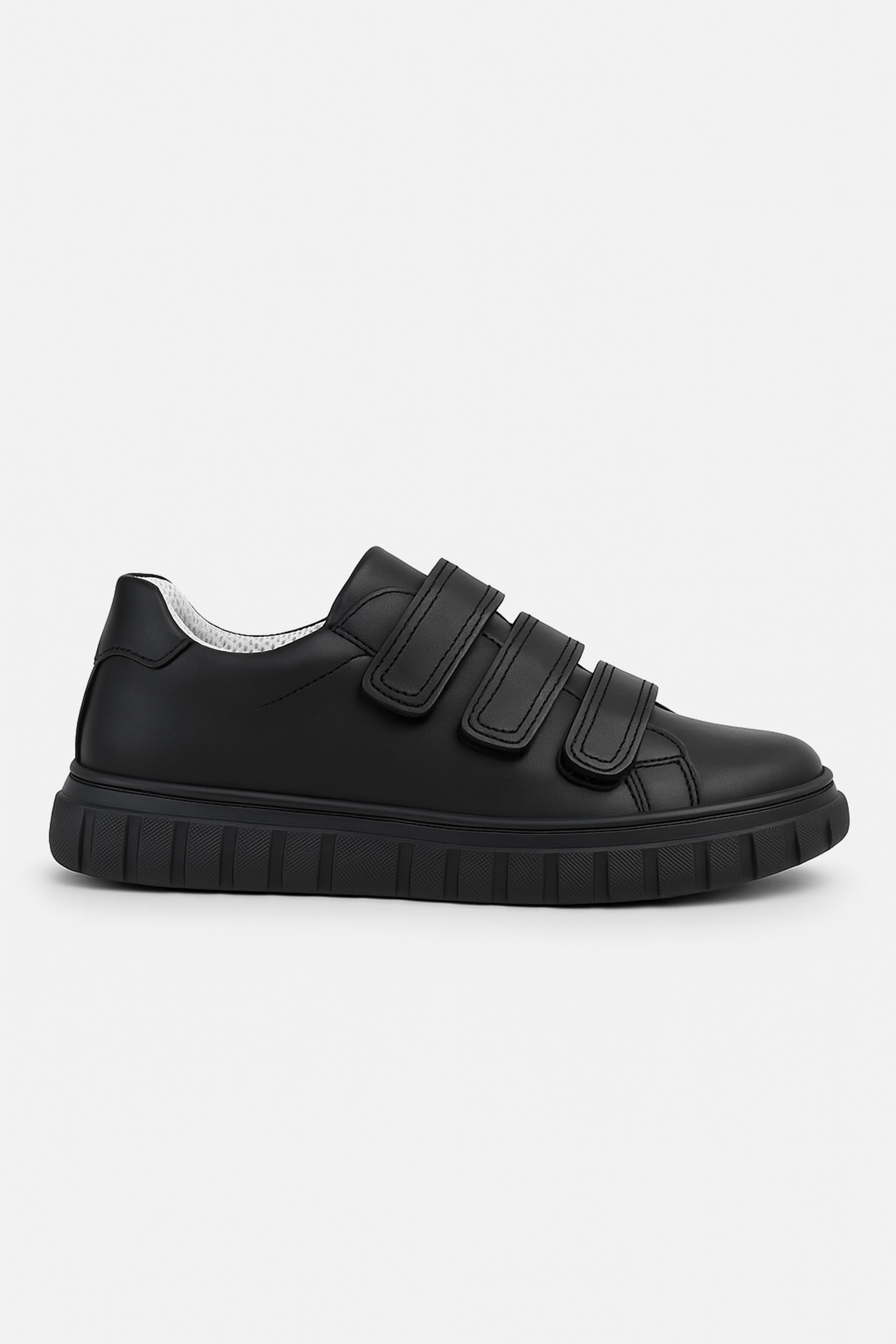 Boys Black Leather School Trainer Shoes with Triple Strap Closure - 4003 - Black