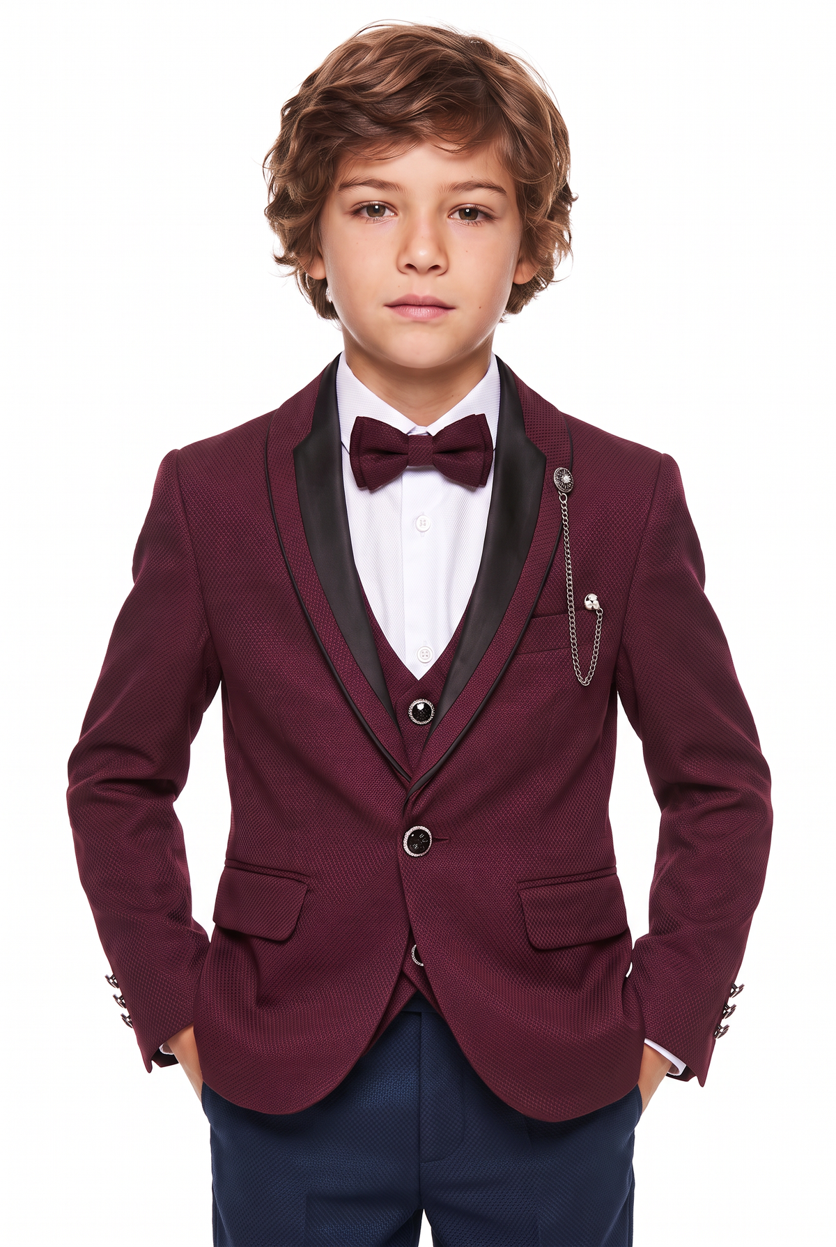 Boys Burgundy 6-Piece Textured Tuxedo Suit - BIYELI Model Picture