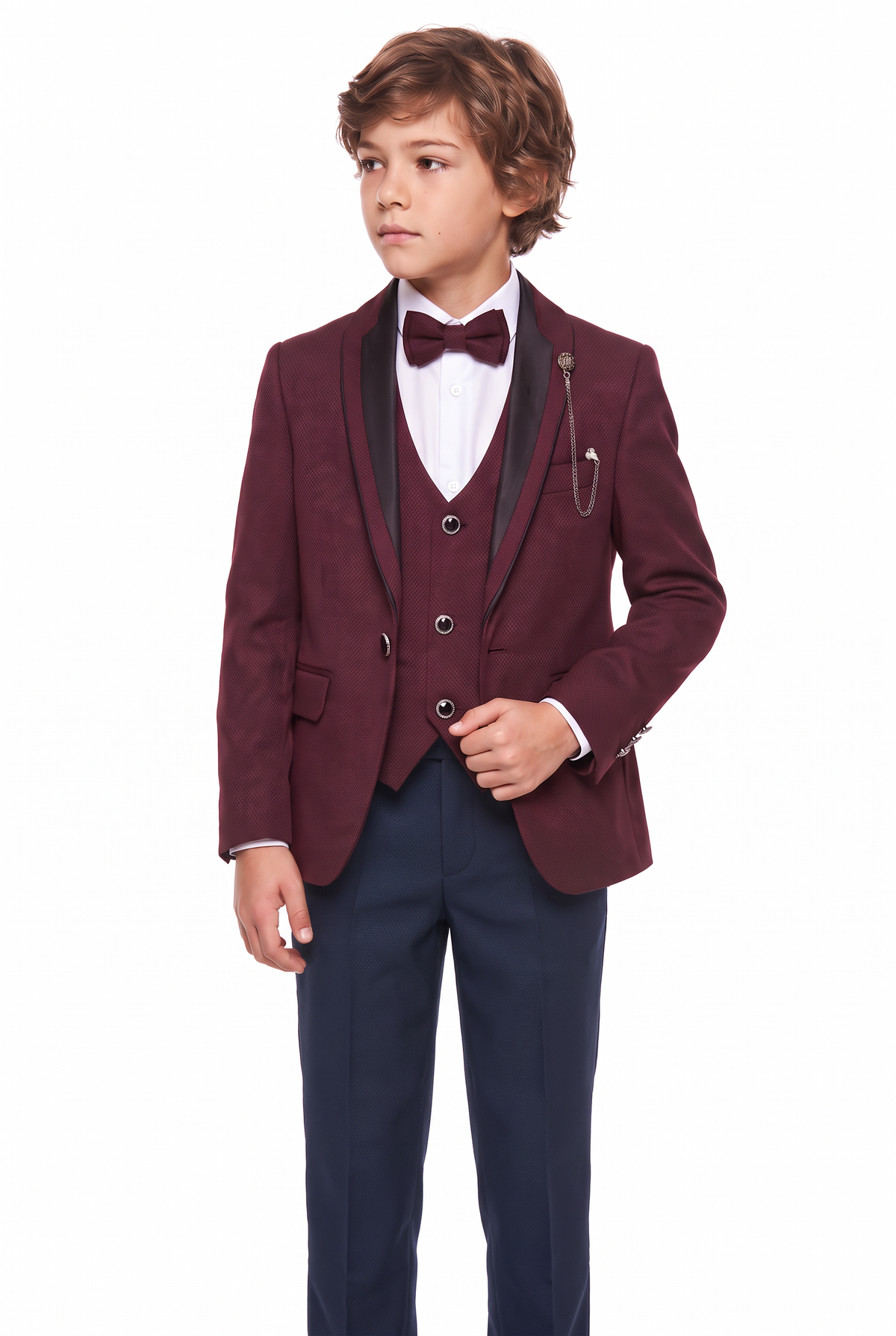 Boys Burgundy 6-Piece Textured Tuxedo Suit - BIYELI Model Front Picture