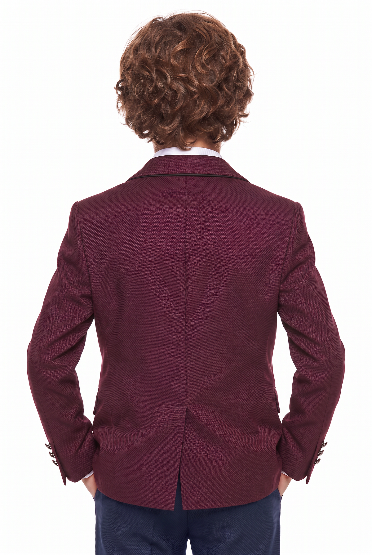 Boys Burgundy 6-Piece Textured Tuxedo Suit - BIYELI Model Back Picture