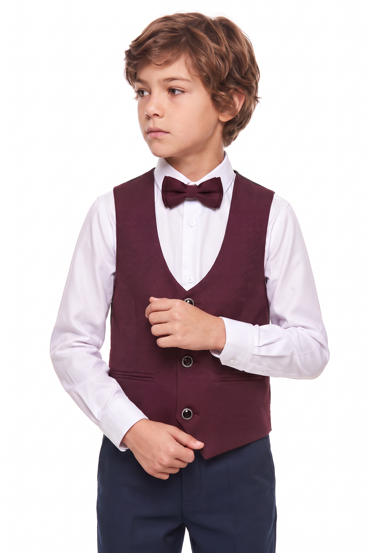 Boys Burgundy 6-Piece Textured Tuxedo Suit - BIYELI Model Waistcoat Picture