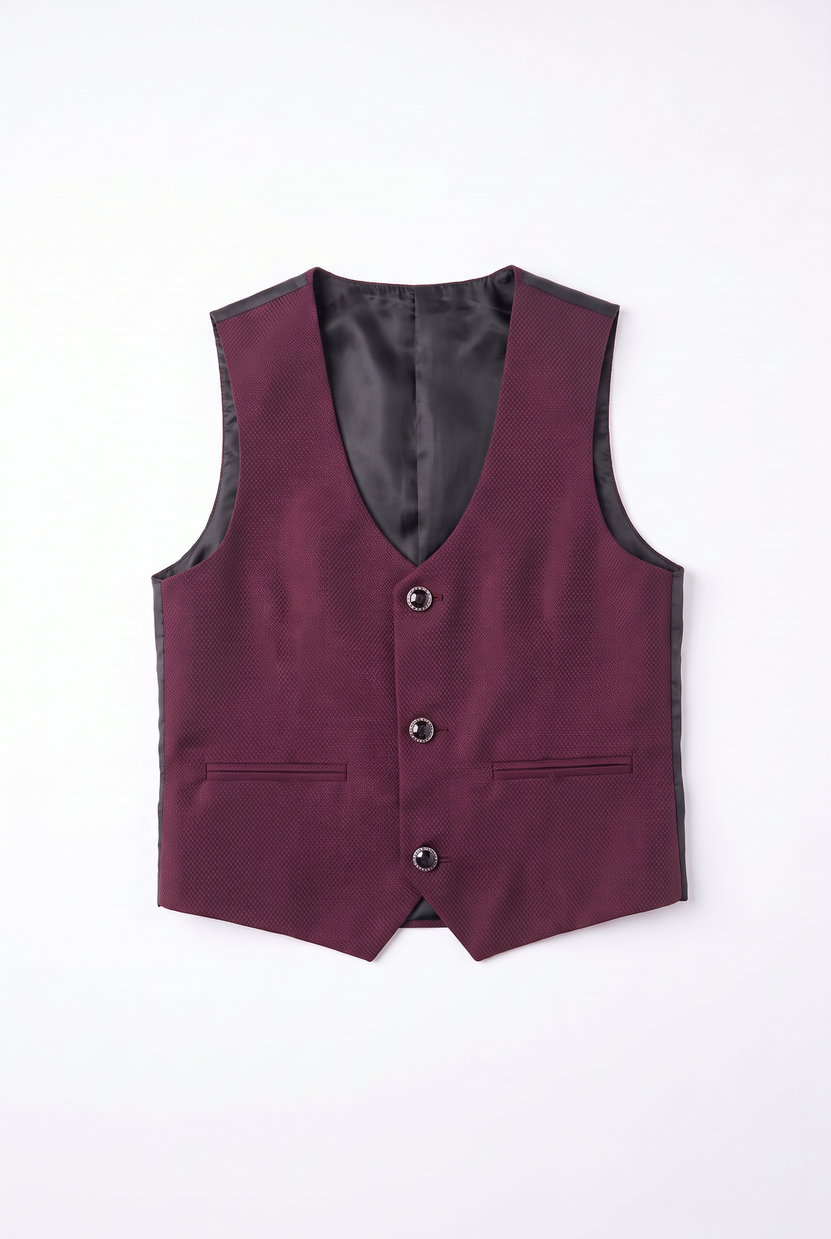 Boys Burgundy 6-Piece Textured Tuxedo Suit - BIYELI Waistcoat Picture