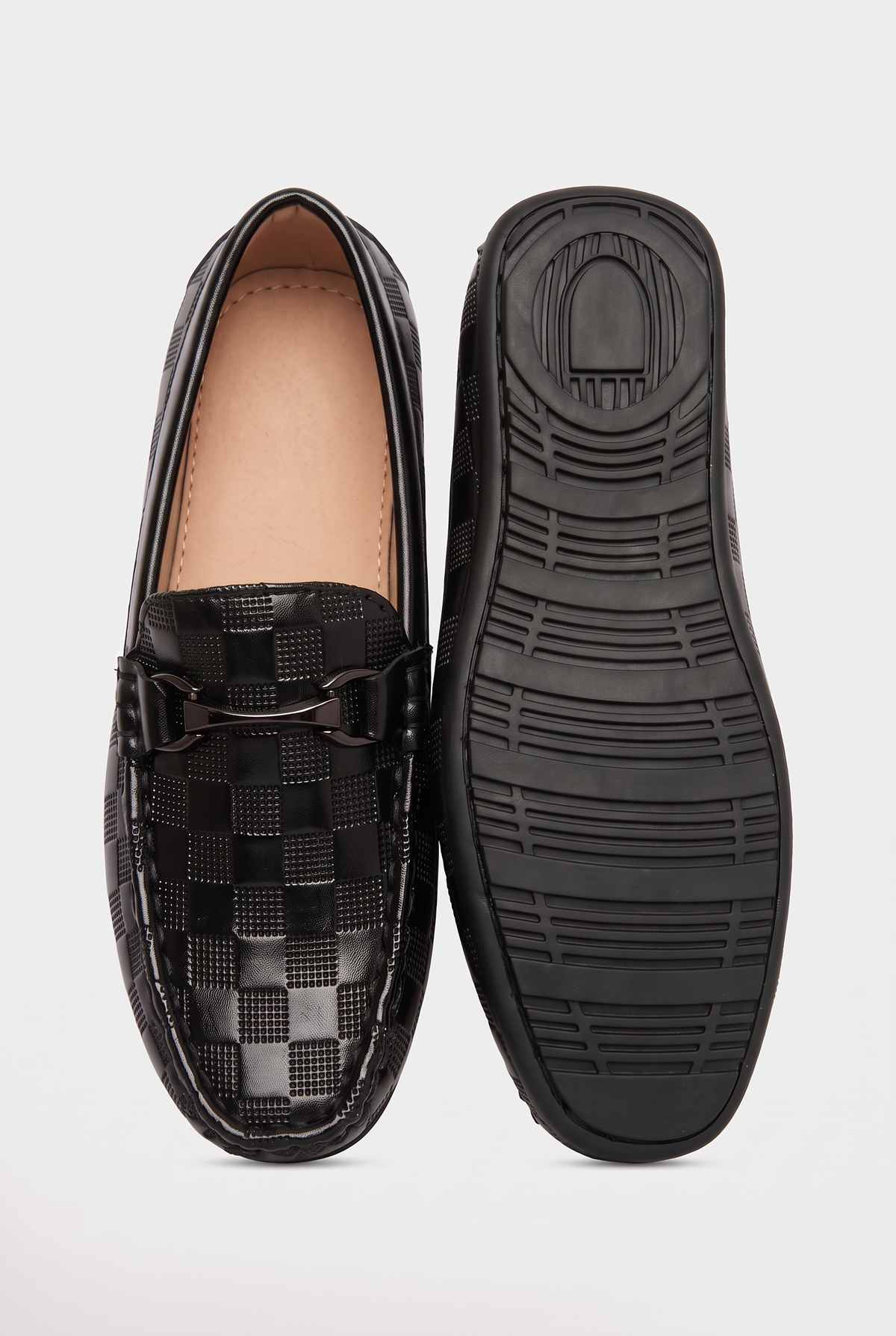Boys Check Pattern Slip-On Loafer Shoes - Sevva Toto Black Front and Sole Picture