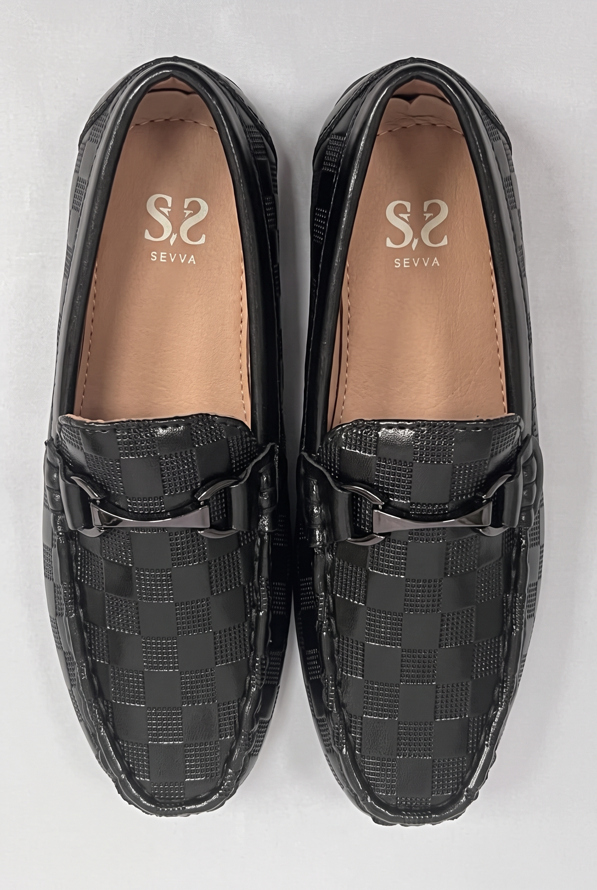 Boys Check Pattern Slip-On Loafer Shoes - Sevva Toto Black Front Picture