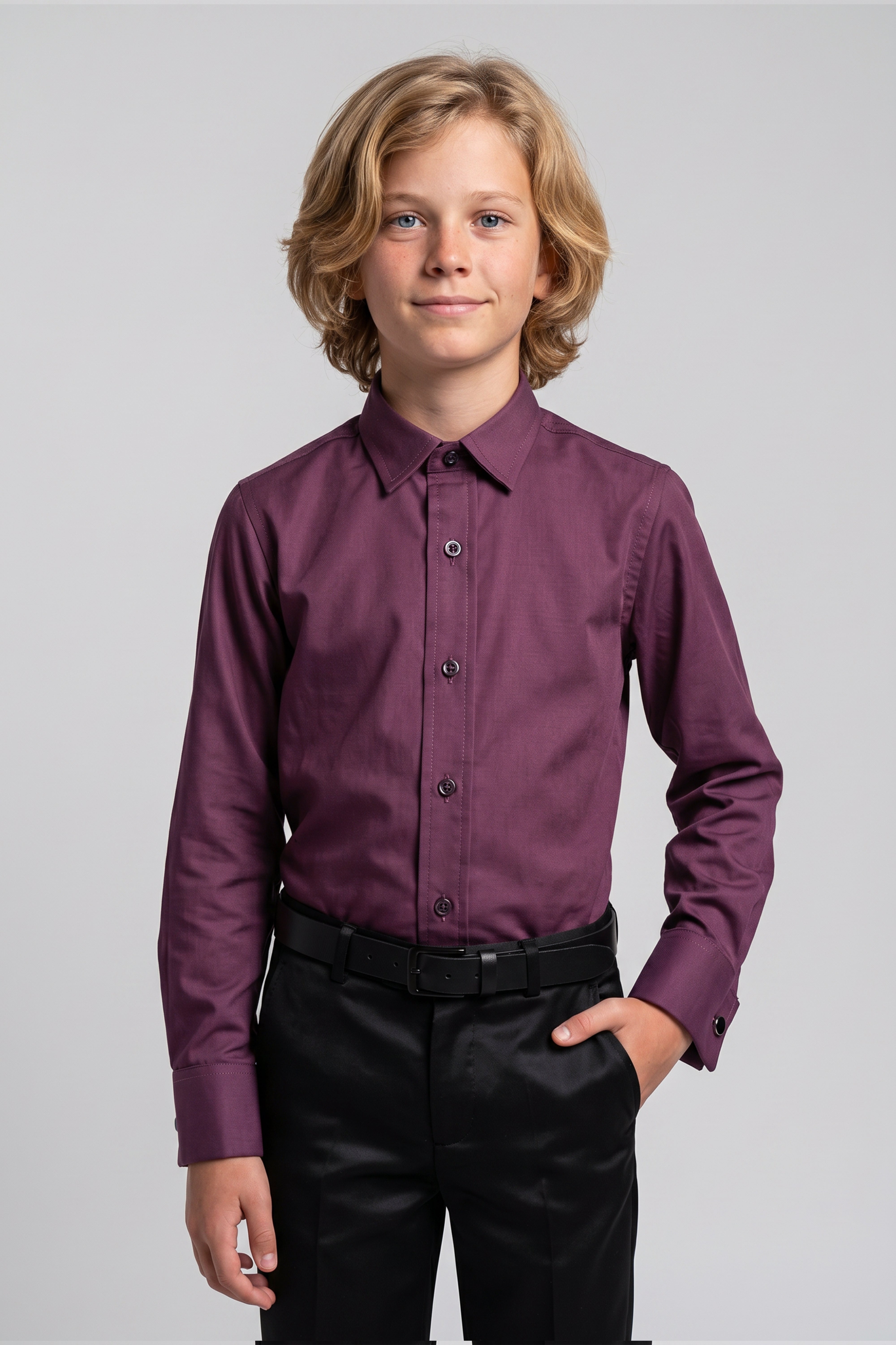 Boys Classic Collar Dress Shirt with Cufflinks -  Burgundy Model Front Picture