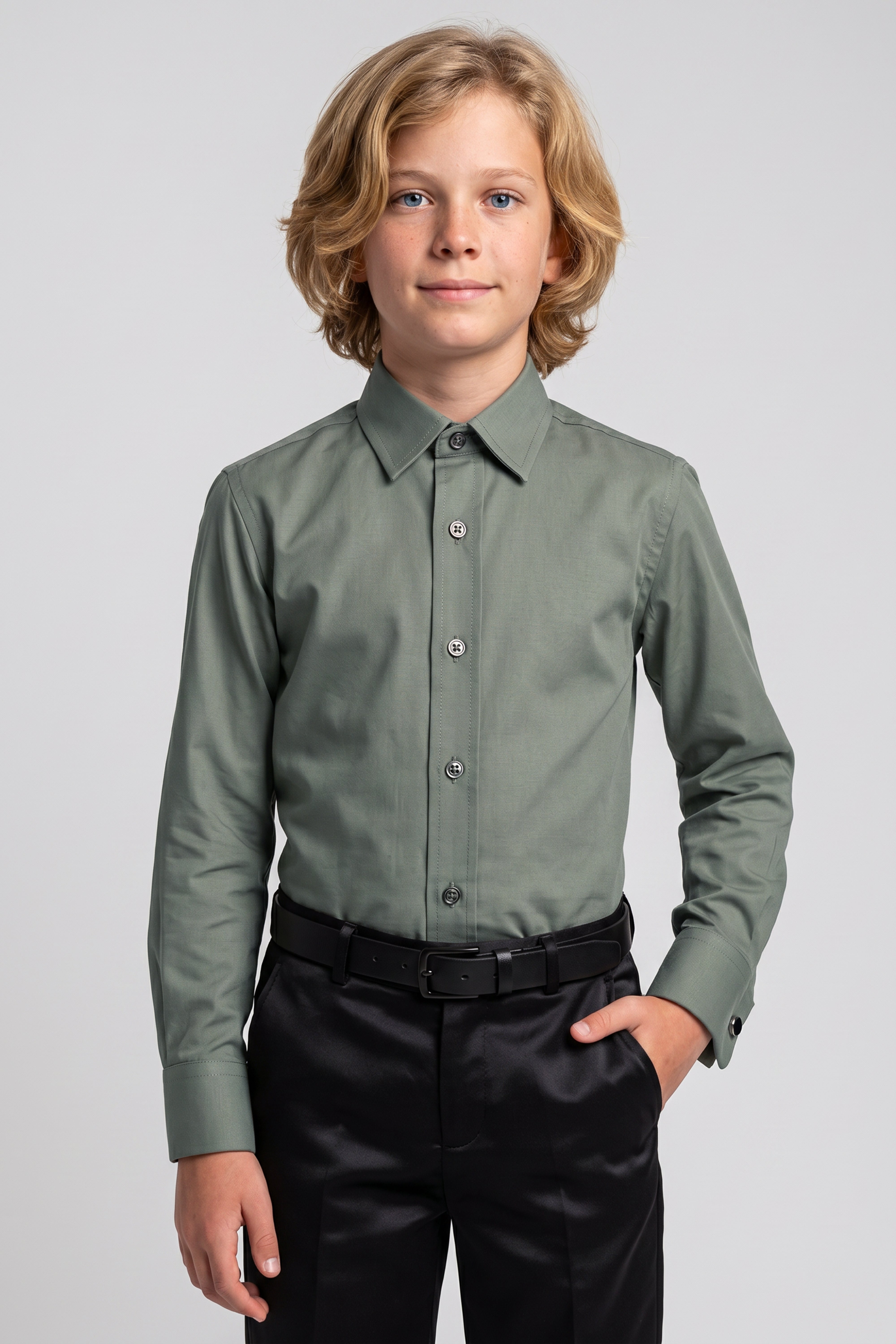 Boys Classic Collar Dress Shirt with Cufflinks -  Green Model Front Picture