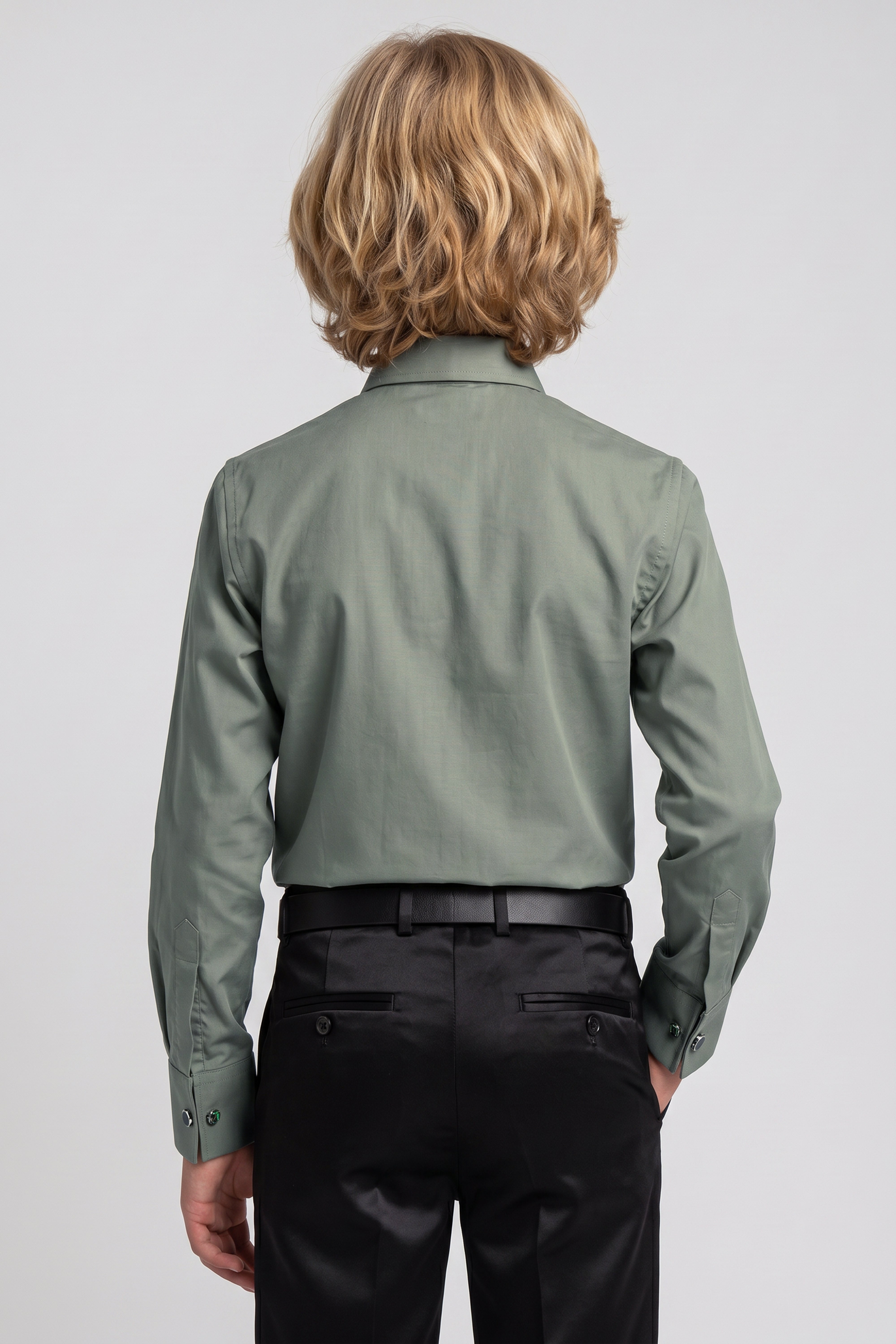 Boys Classic Collar Dress Shirt with Cufflinks -  Green Model Back Picture