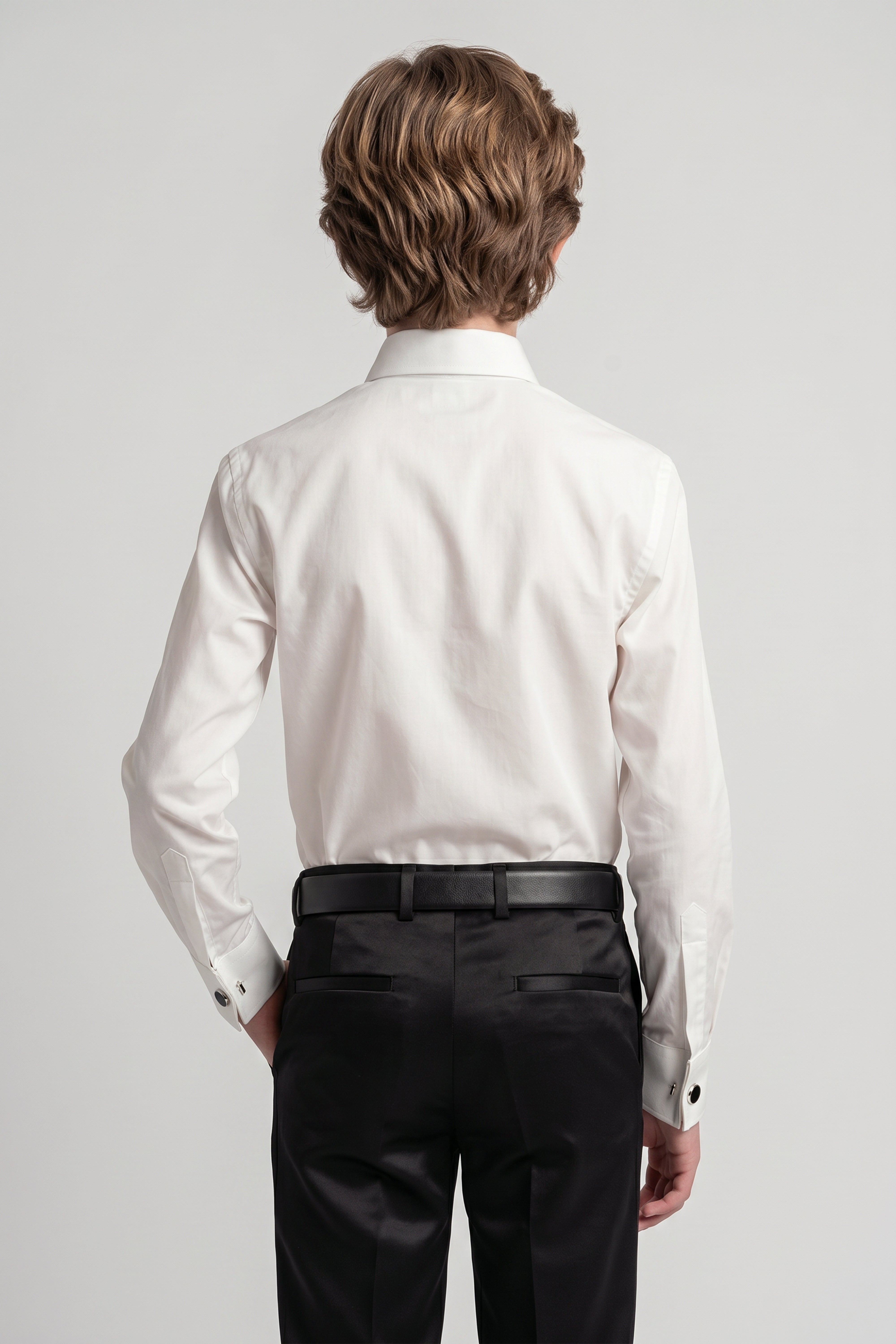 Boys Classic Collar Dress Shirt with Cufflinks -  Ivory Model Back Picture