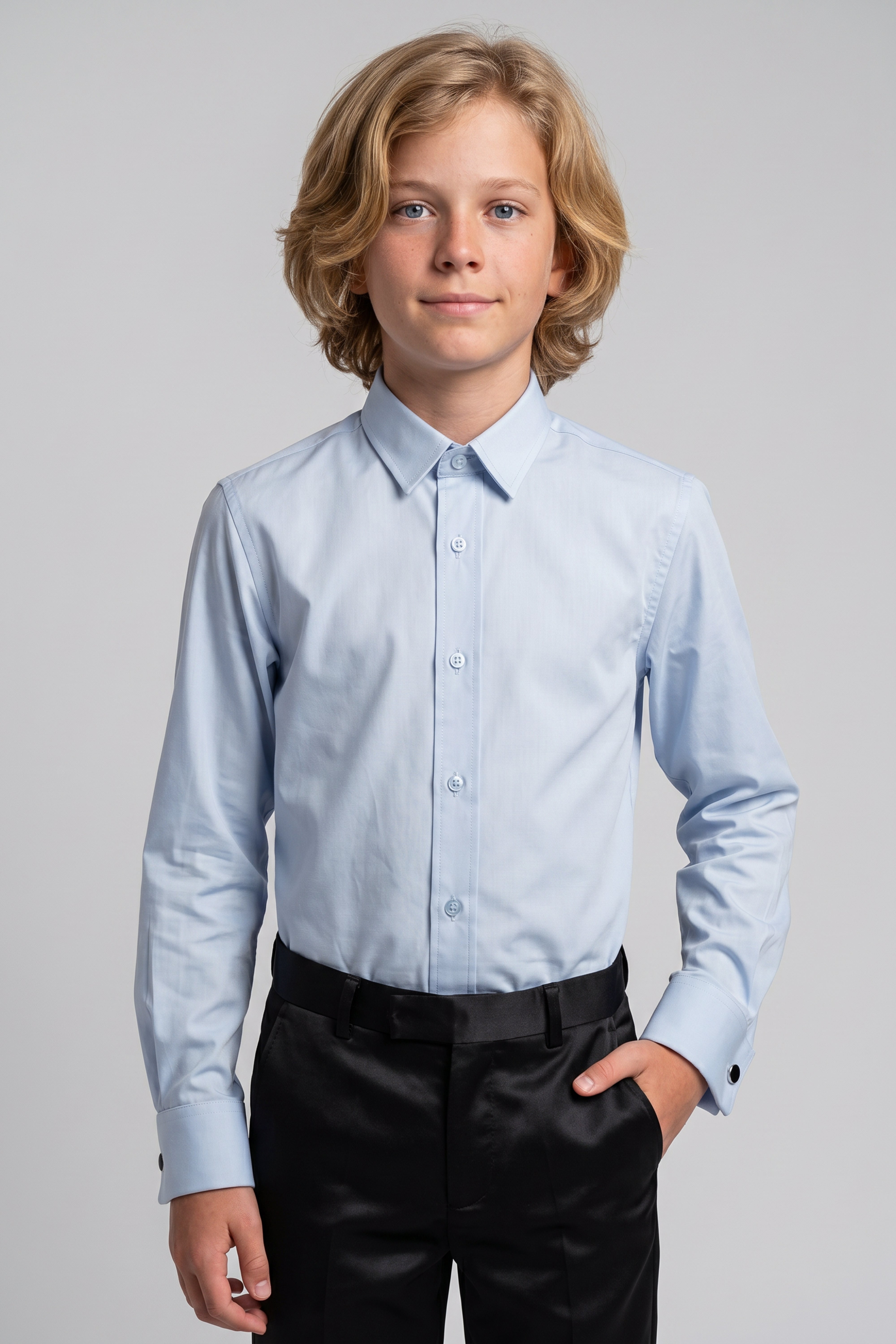 Boys Classic Collar Dress Shirt with Cufflinks -  Light Blue Model Picture