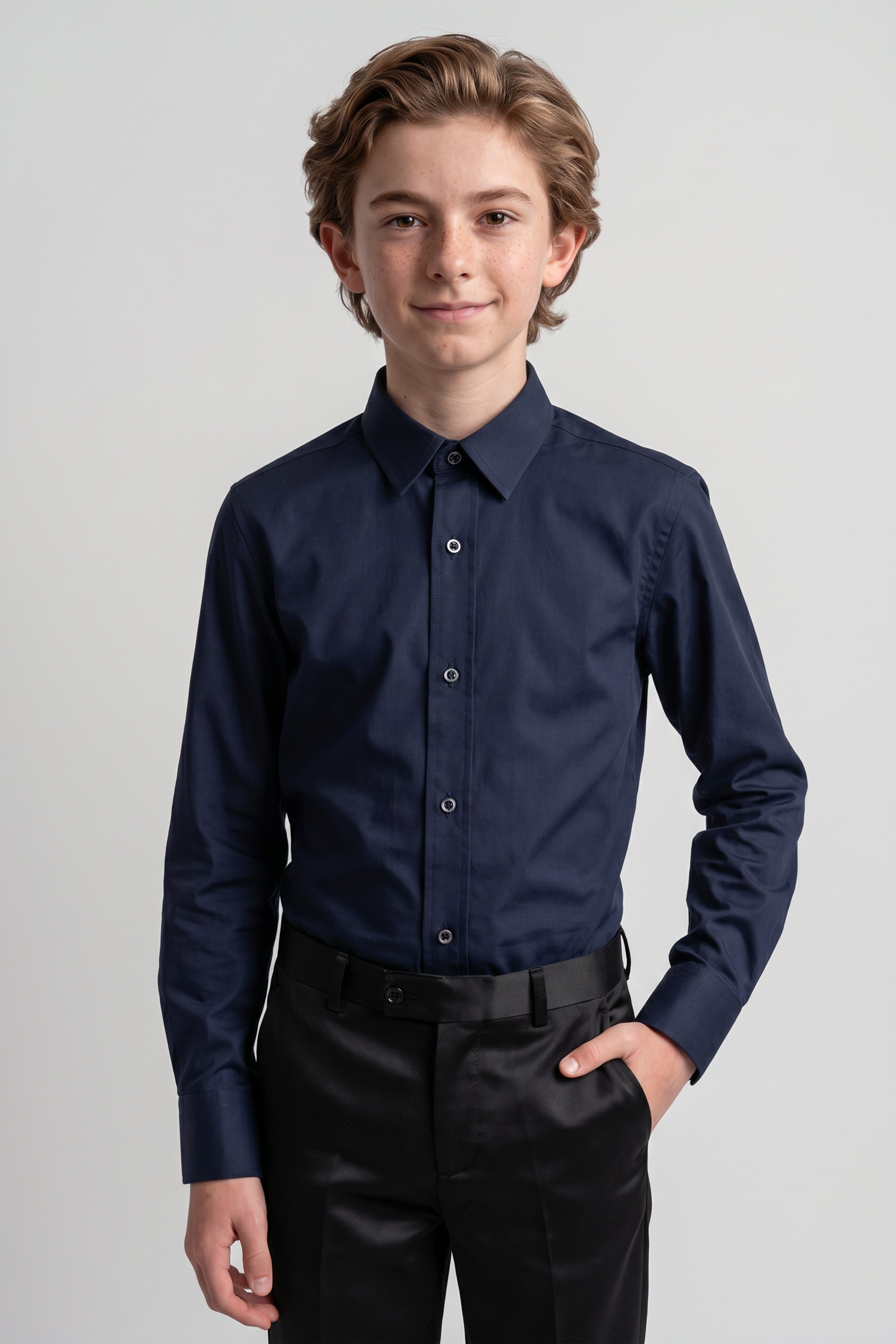 Boys Classic Collar Dress Shirt with Cufflinks -  Navy Model Front Picture