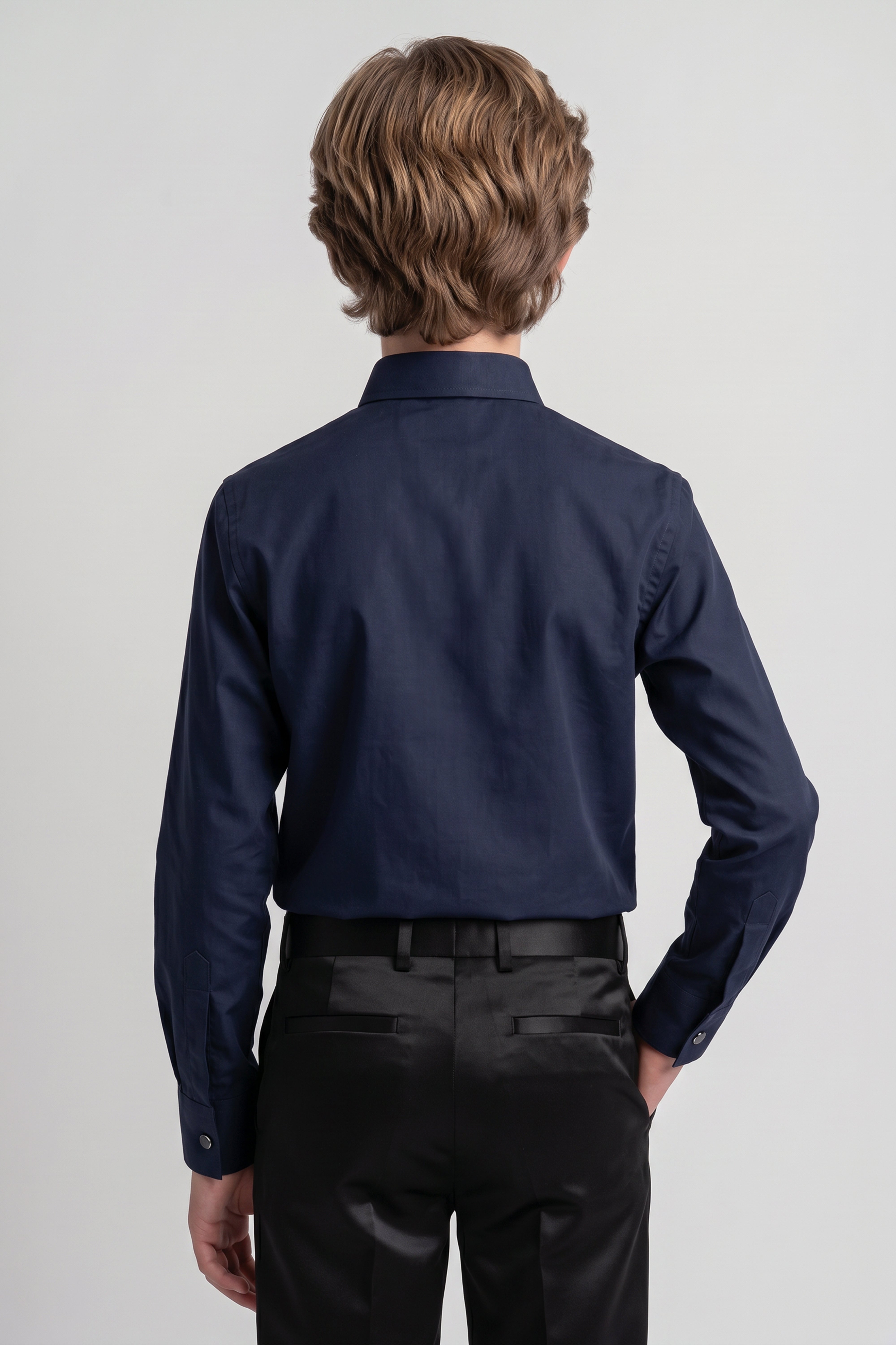 Boys Classic Collar Dress Shirt with Cufflinks -  Navy Model Back Picture
