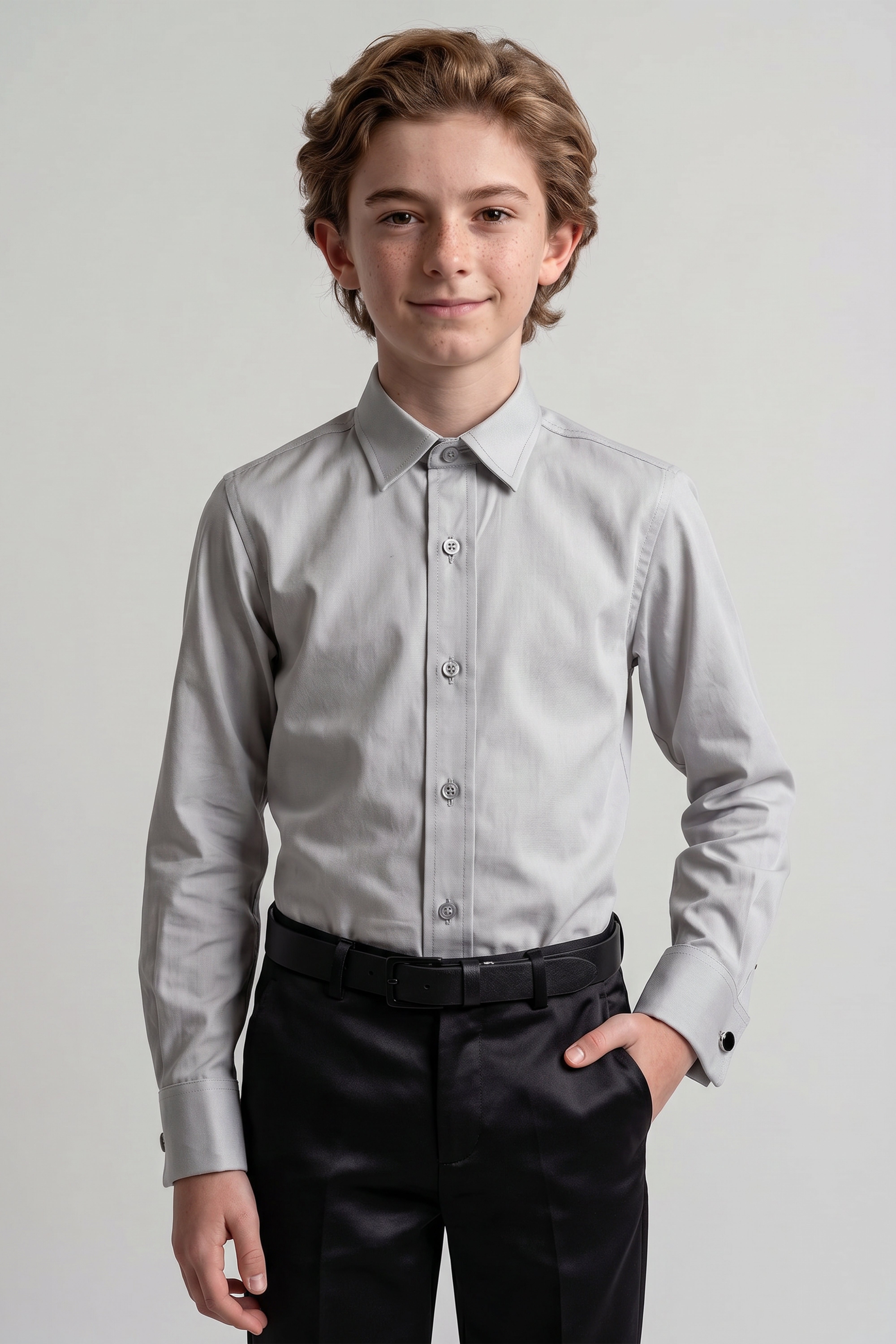 Boys Classic Collar Dress Shirt with Cufflinks -  Stone Grey Model Front Picture