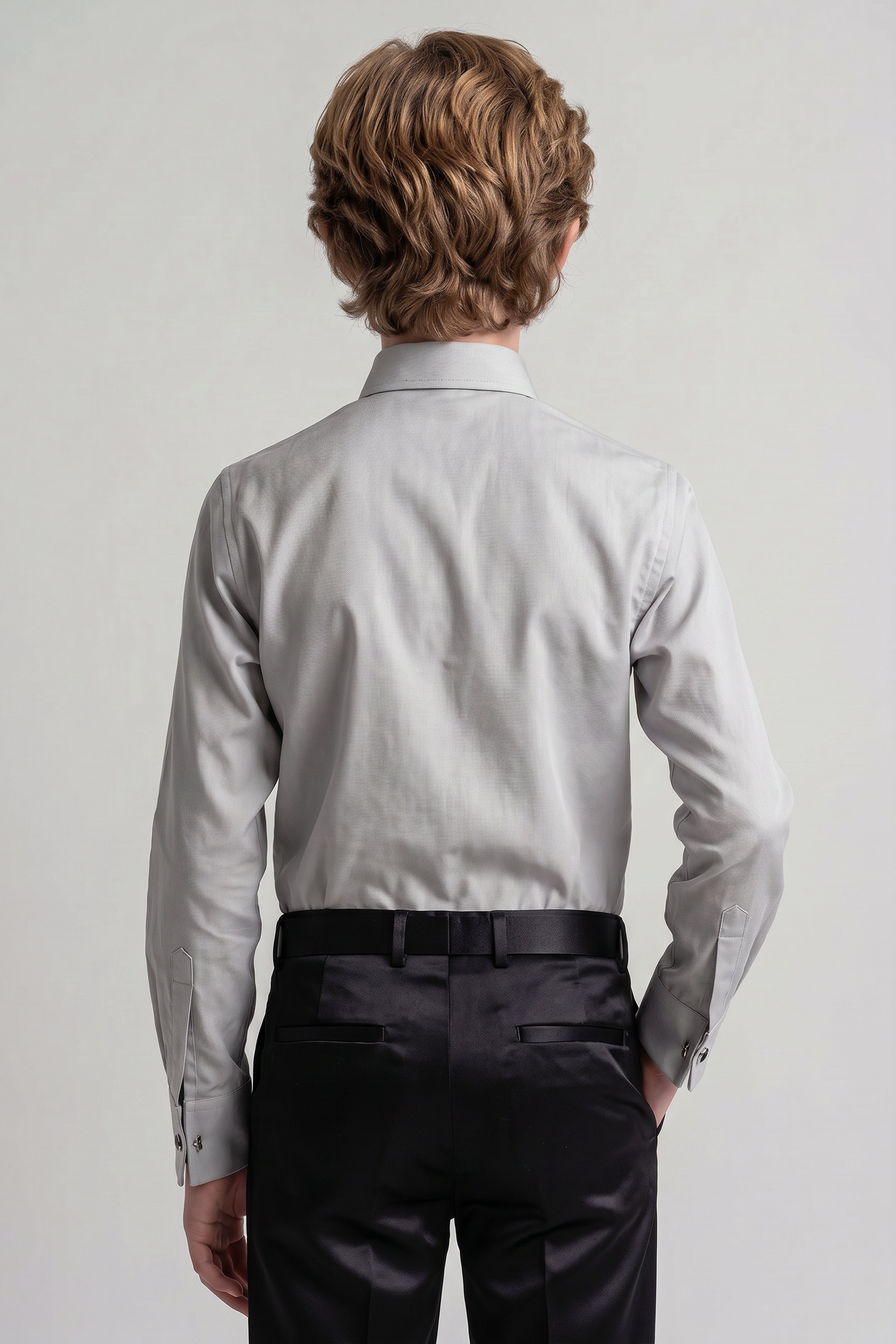 Boys Classic Collar Dress Shirt with Cufflinks -  Stone Grey Model  Back Picture