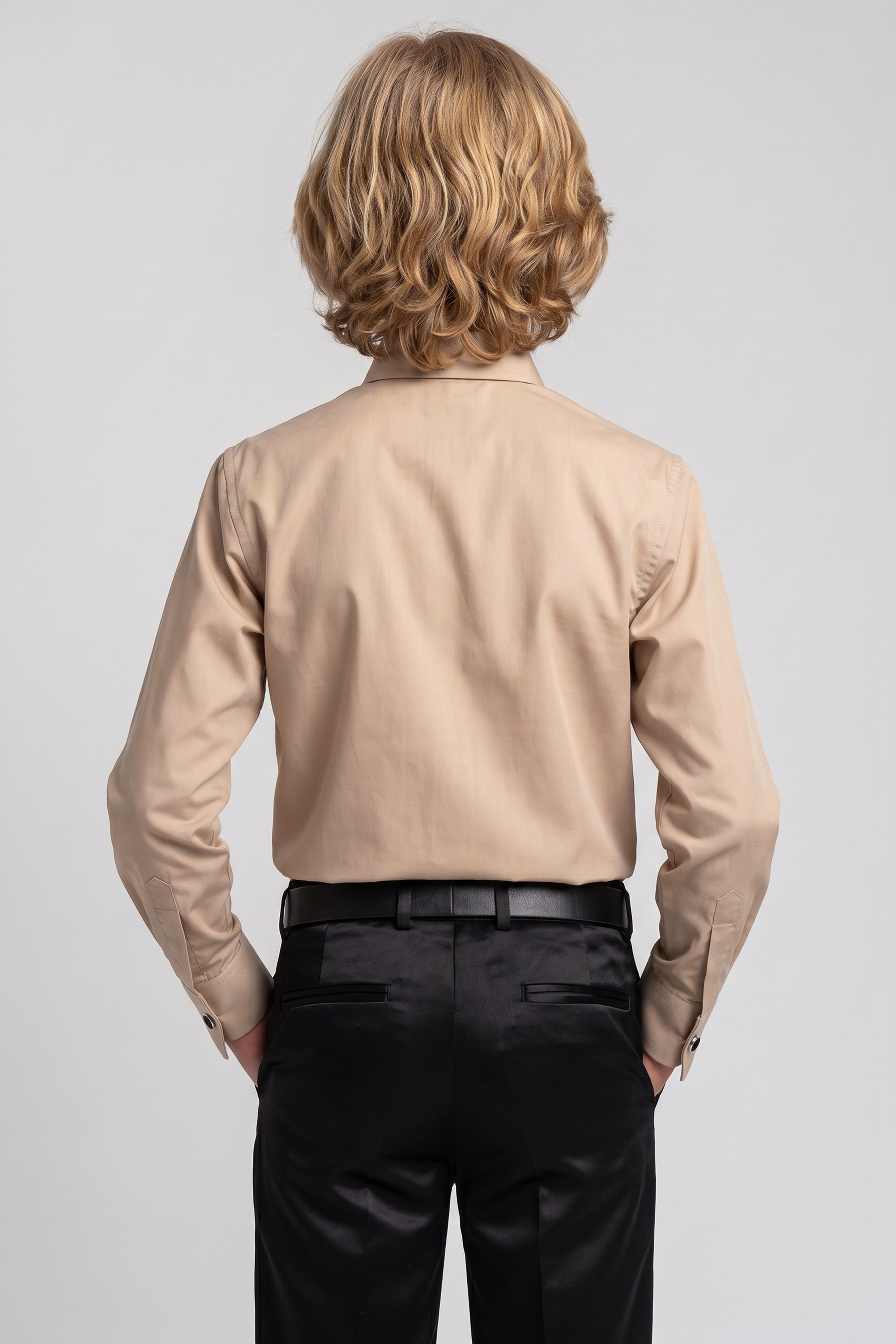 Boys Classic Collar Dress Shirt with Cufflinks - Taupe Beige Model Back Picture