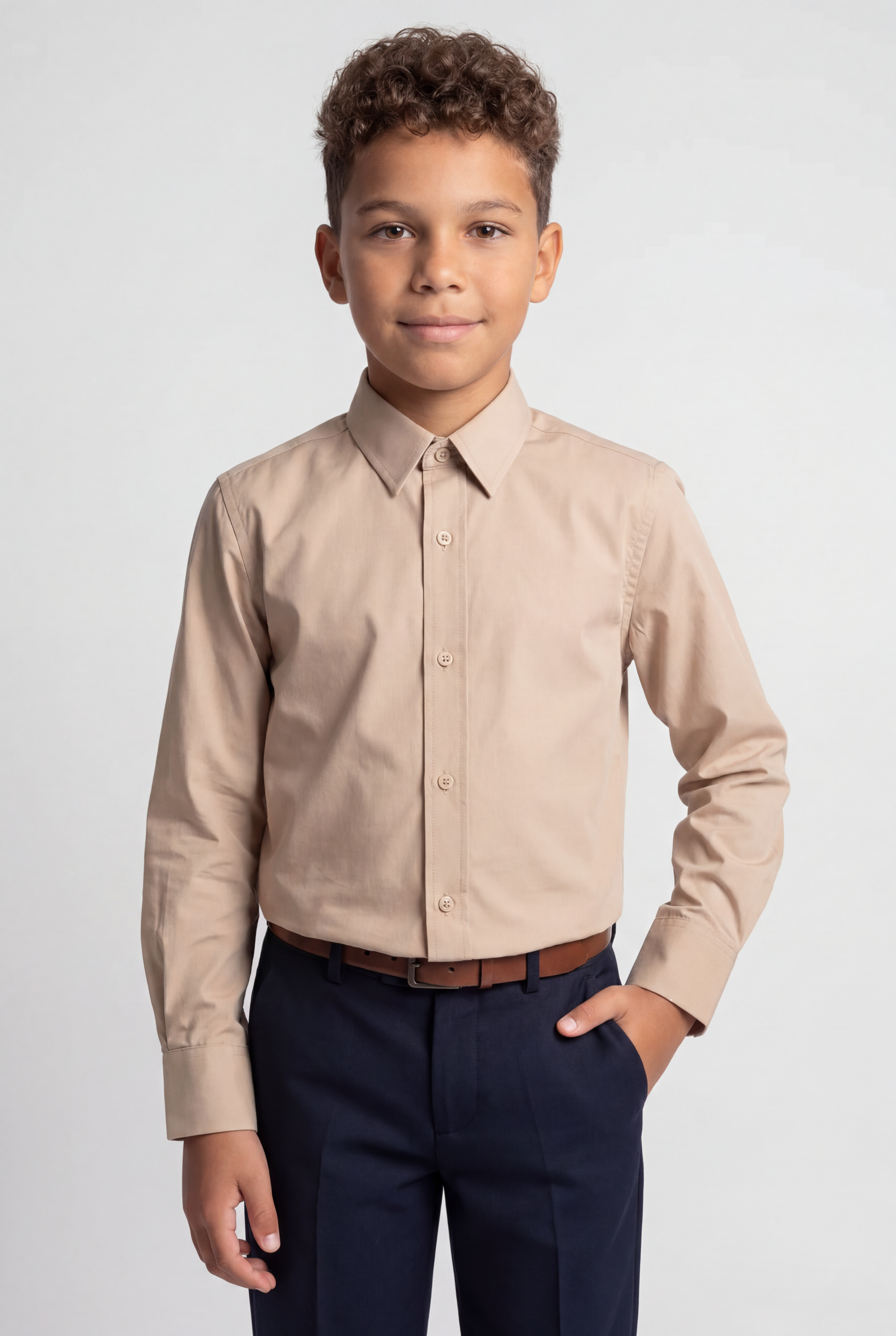 Hemd mit klassischem Kragen für Jungen mit Manschettenknöpfen – Taupe Beige
