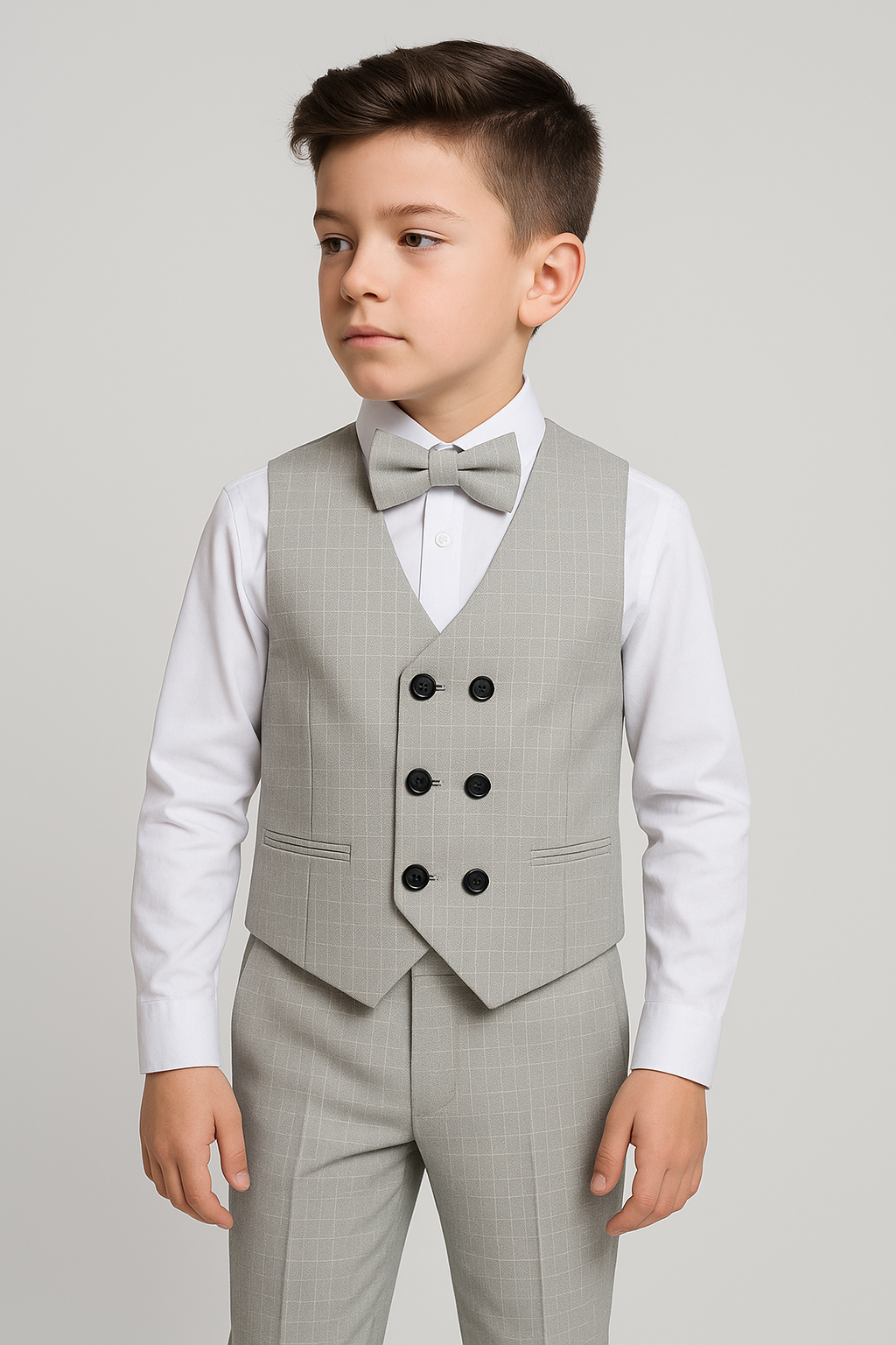 Costume 4 pièces en coton pour garçon, gilet croisé à carreaux - Ekose - Gris clair