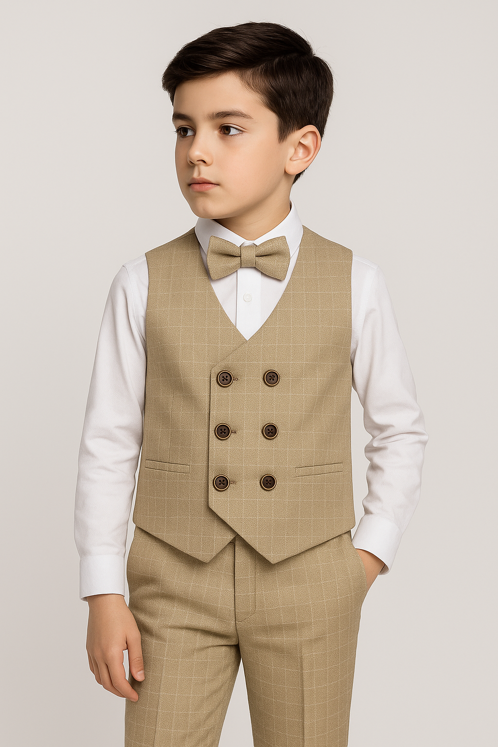 Costume 4 pièces en coton pour garçon, gilet croisé à carreaux – Ekose – Moutarde