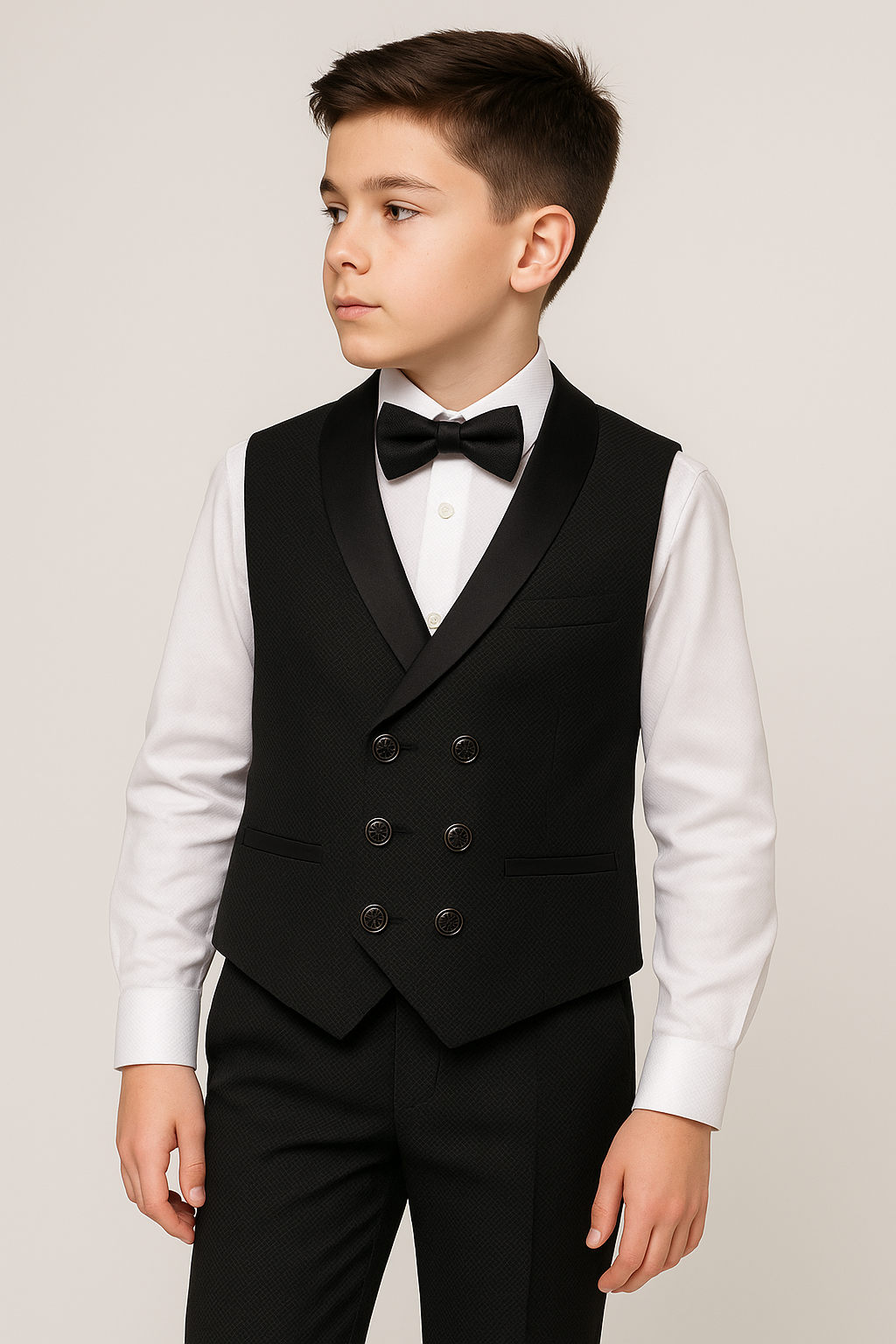 Boys Cotton 4-Piece Double Breasted Tuxedo Waistcoat Suit - Black Model Picture