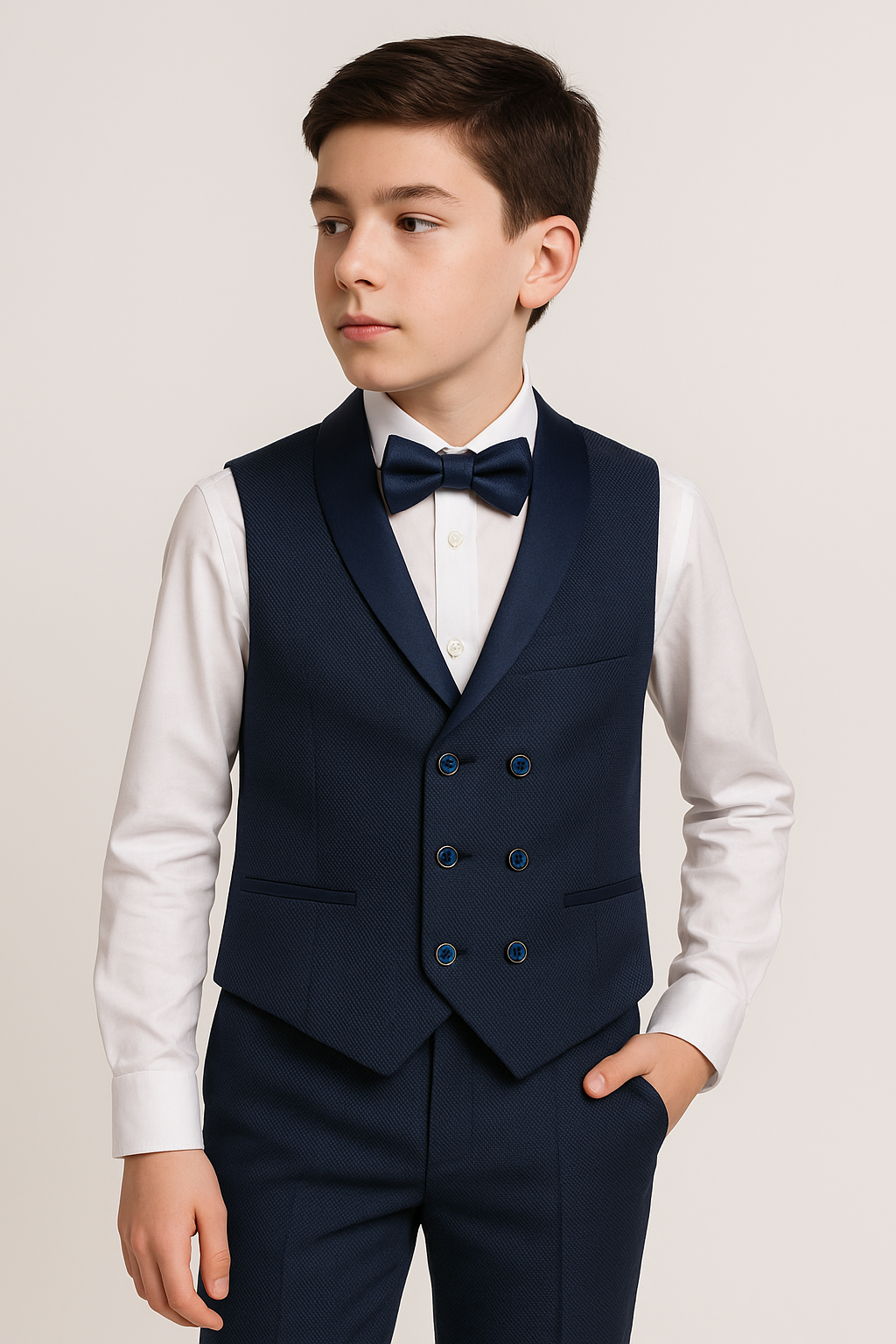 Boys Cotton 4-Piece Double Breasted Tuxedo Waistcoat Suit - Navy Front Picture