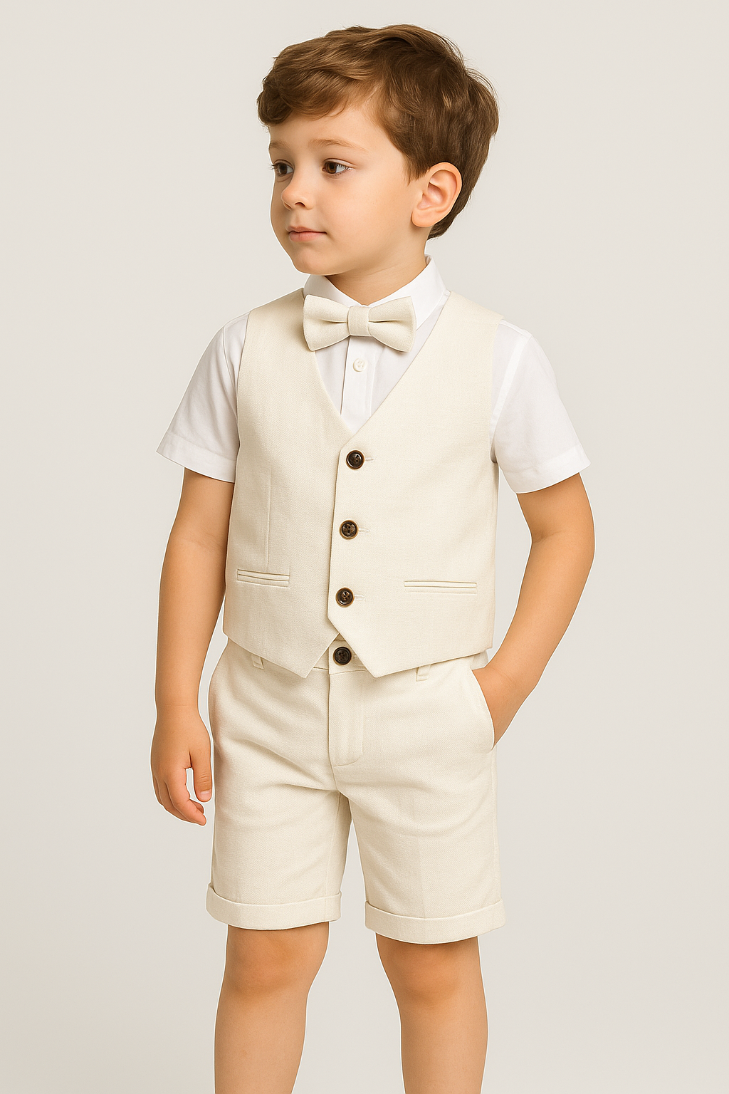 Boys Cotton 4-Piece Summer Waistcoat Shorts Suit Set - Cream Front Picture