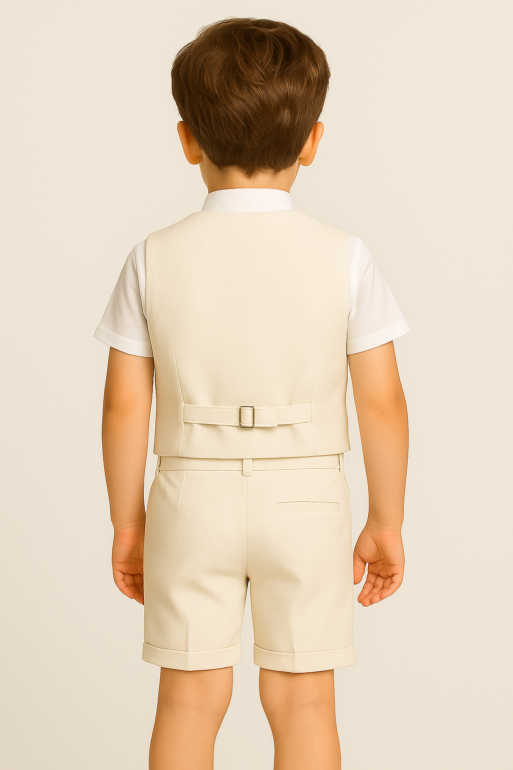 Boys Cotton 4-Piece Summer Waistcoat Shorts Suit Set - Cream Back Picture