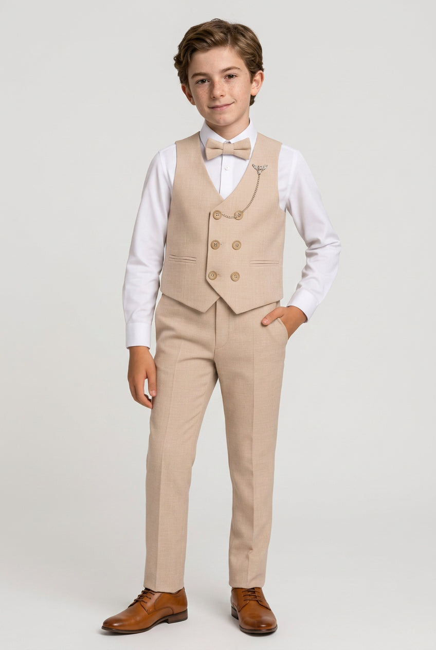 Boys Cotton 5-Piece Double Breasted Waistcoat Suit - BASAK - Beige