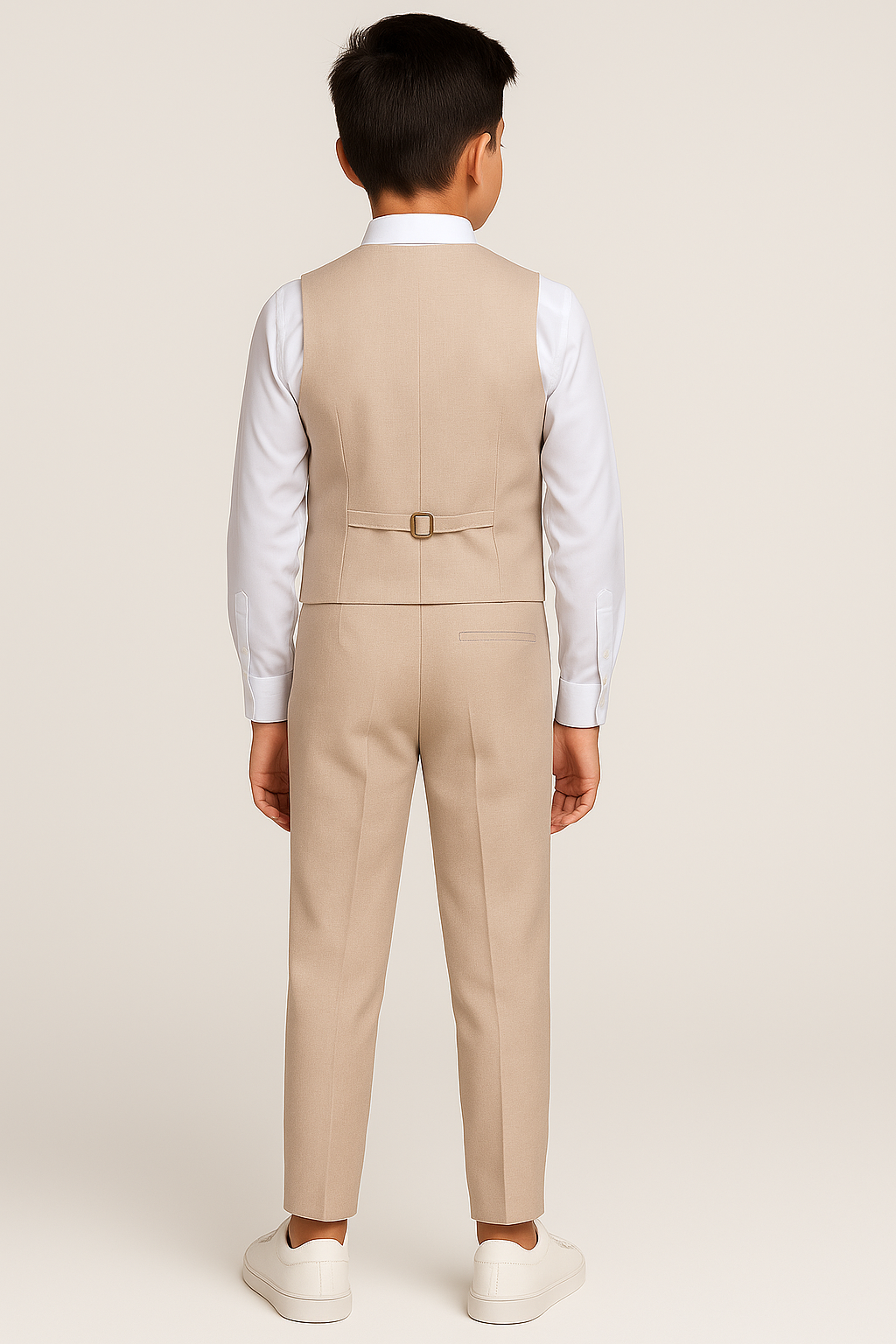 Boys Cotton 5-Piece Double Breasted Waistcoat Suit - BASAK - Beige Back Picture
