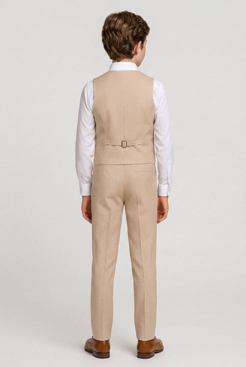 Boys Cotton 5-Piece Double Breasted Waistcoat Suit - BASAK - Beige