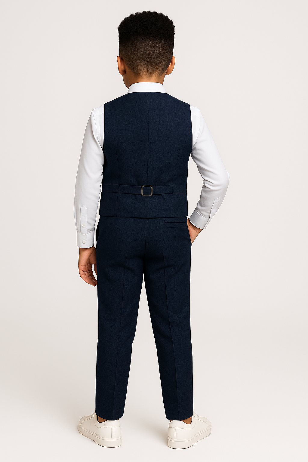 Boys Cotton 5-Piece Double Breasted Waistcoat Suit - BASAK - Navy Back Picture