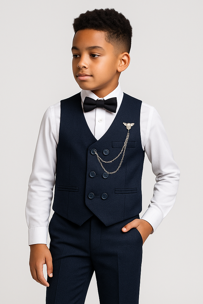 Boys Cotton 5-Piece Double Breasted Waistcoat Suit - BASAK - Navy Model Picture