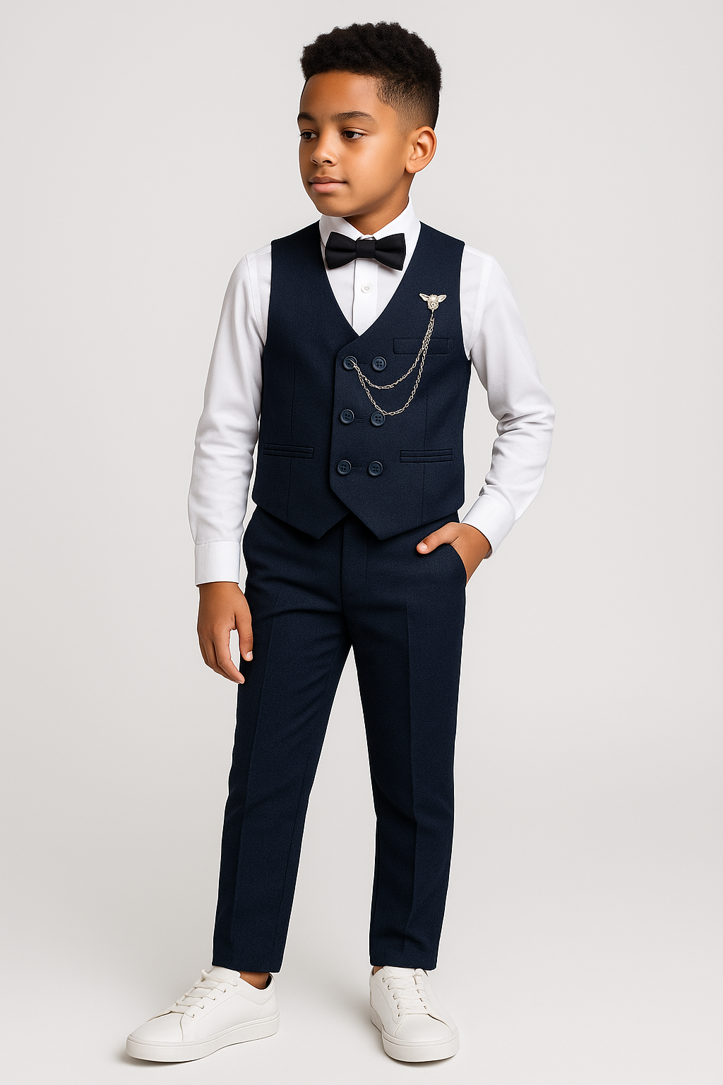 Boys Cotton 5-Piece Double Breasted Waistcoat Suit - BASAK - Navy Front Picture