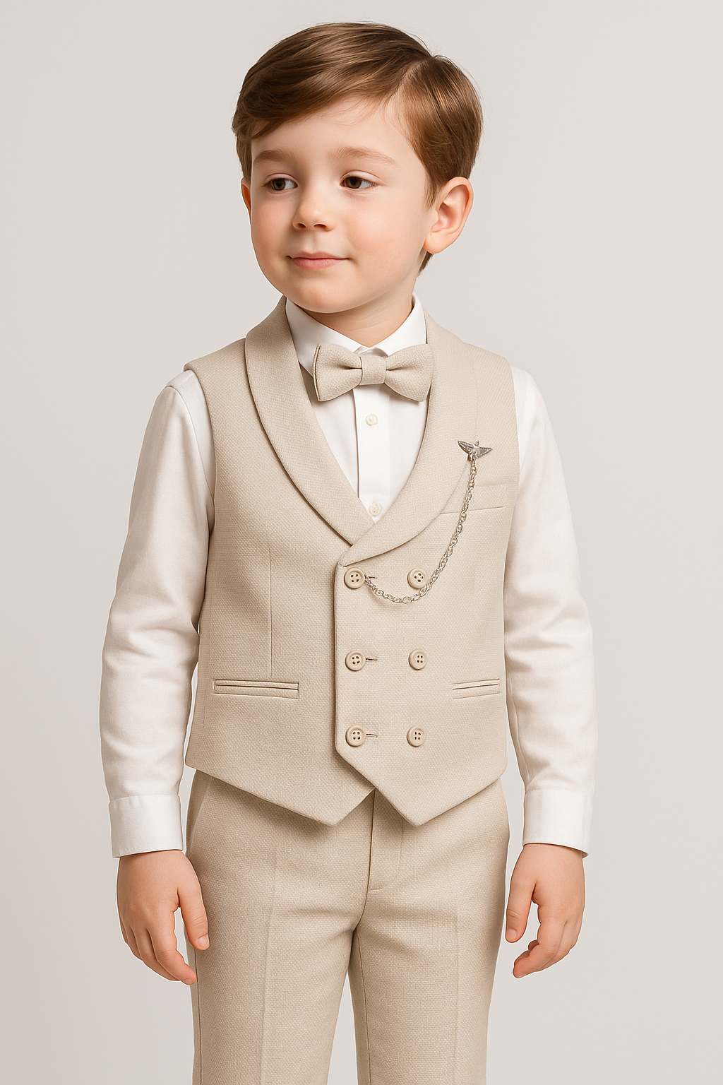 Boys Cotton 5-Piece Double Breasted Waistcoat Suit Set - Beige Front Picture
