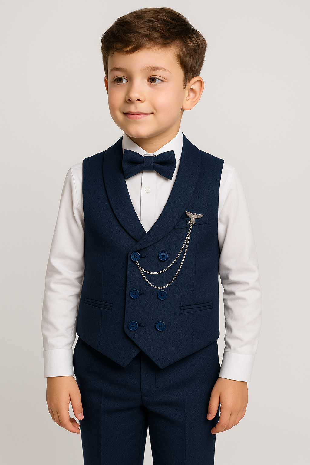 Boys Cotton 5-Piece Double Breasted Waistcoat Suit Set - Navy Front Picture