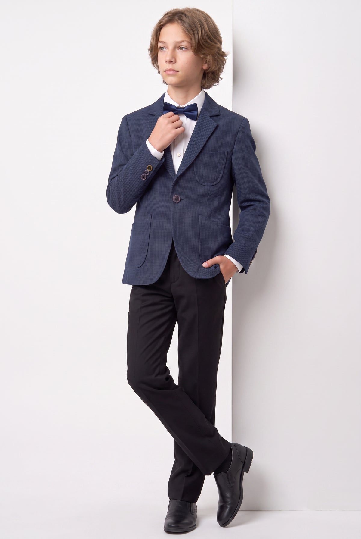 Blazer formal de sarga ajustado para niños, mezcla de algodón - Azul marino