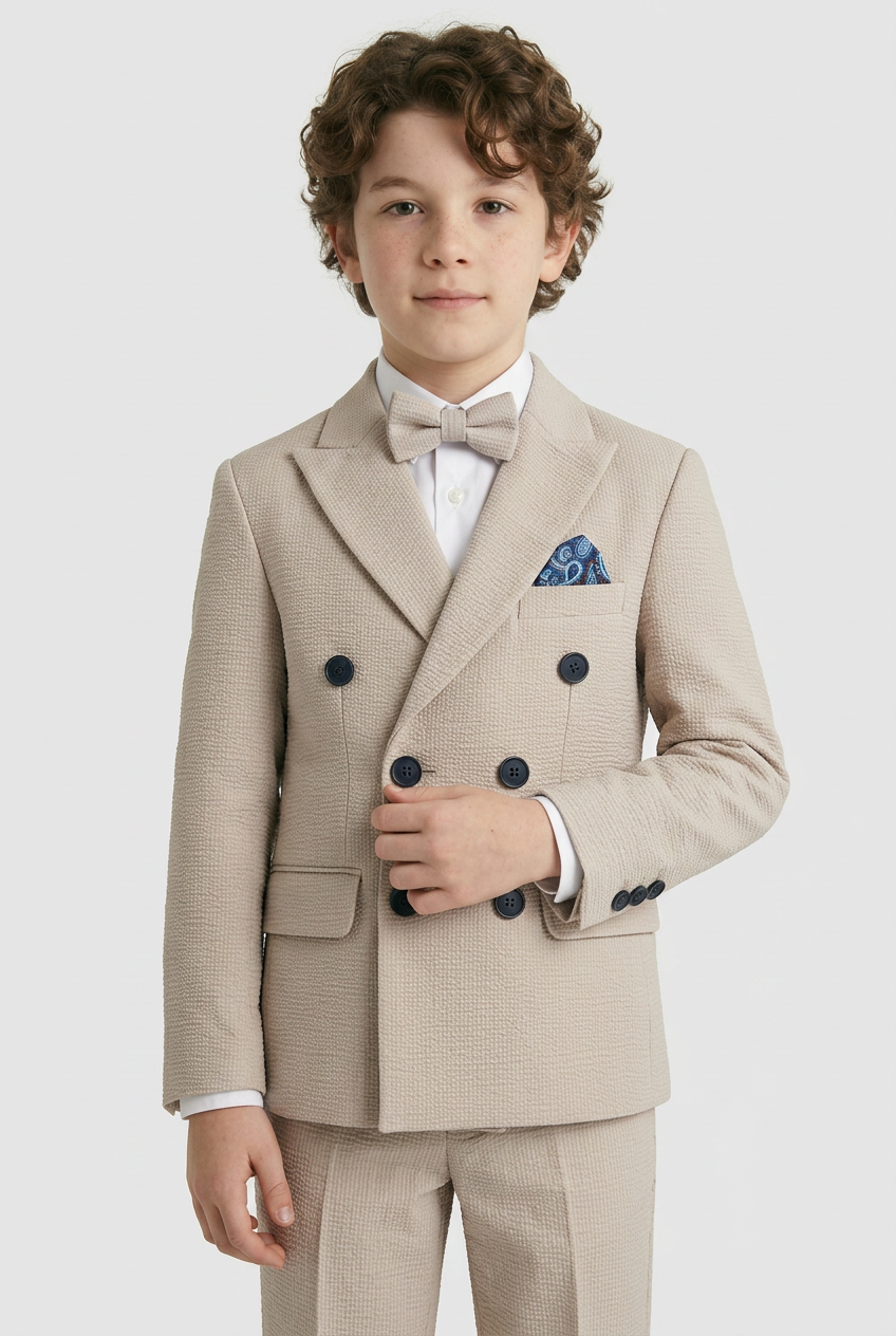 Jungen Baumwoll-Seersucker Zweireihiger Anzug - Beige