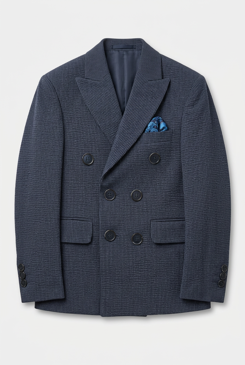 Jungen Baumwoll-Seersucker Zweireihiger Anzug - Marineblau