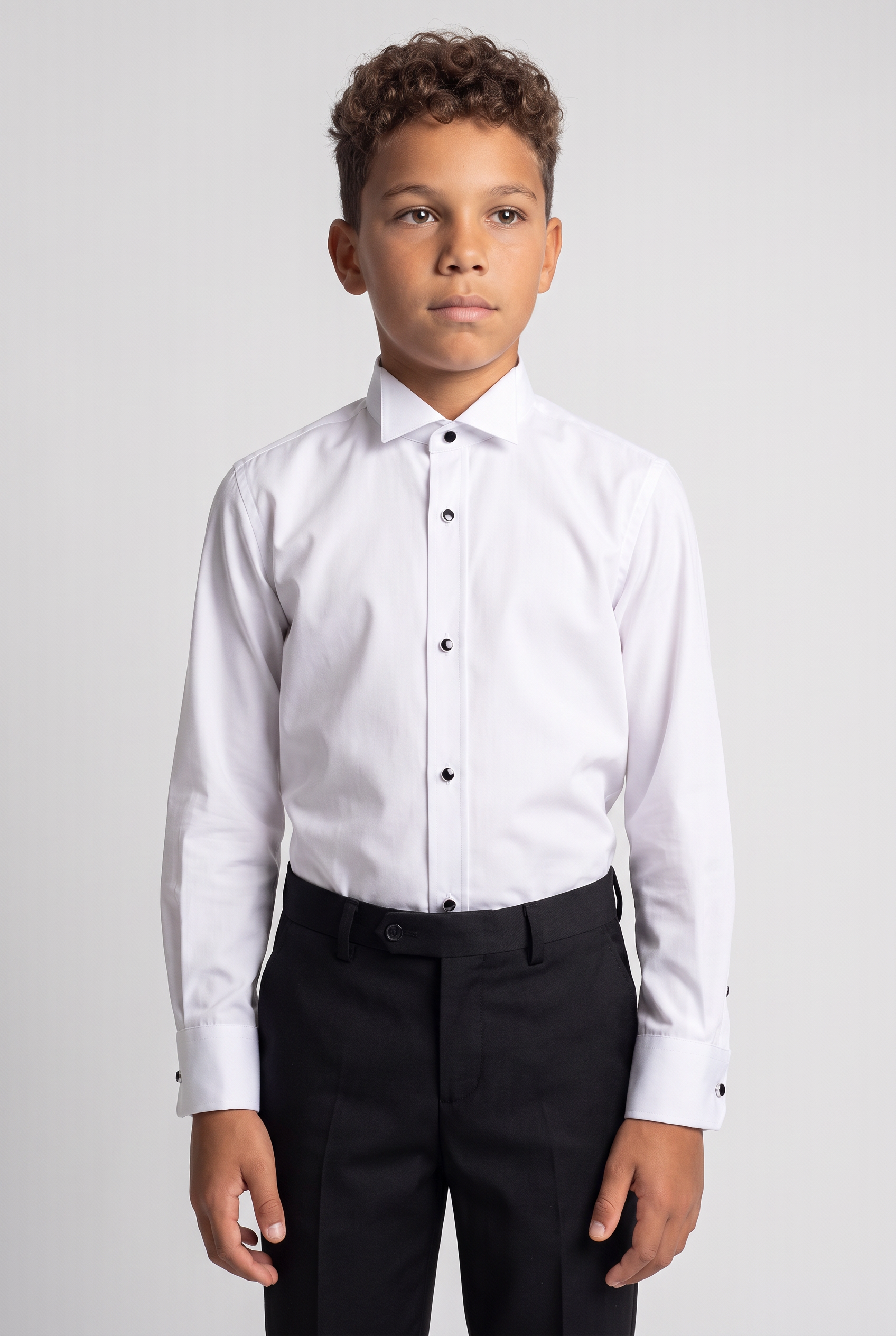Boys Cotton Tuxedo Shirt with Black Stud Buttons & Cufflinks - White