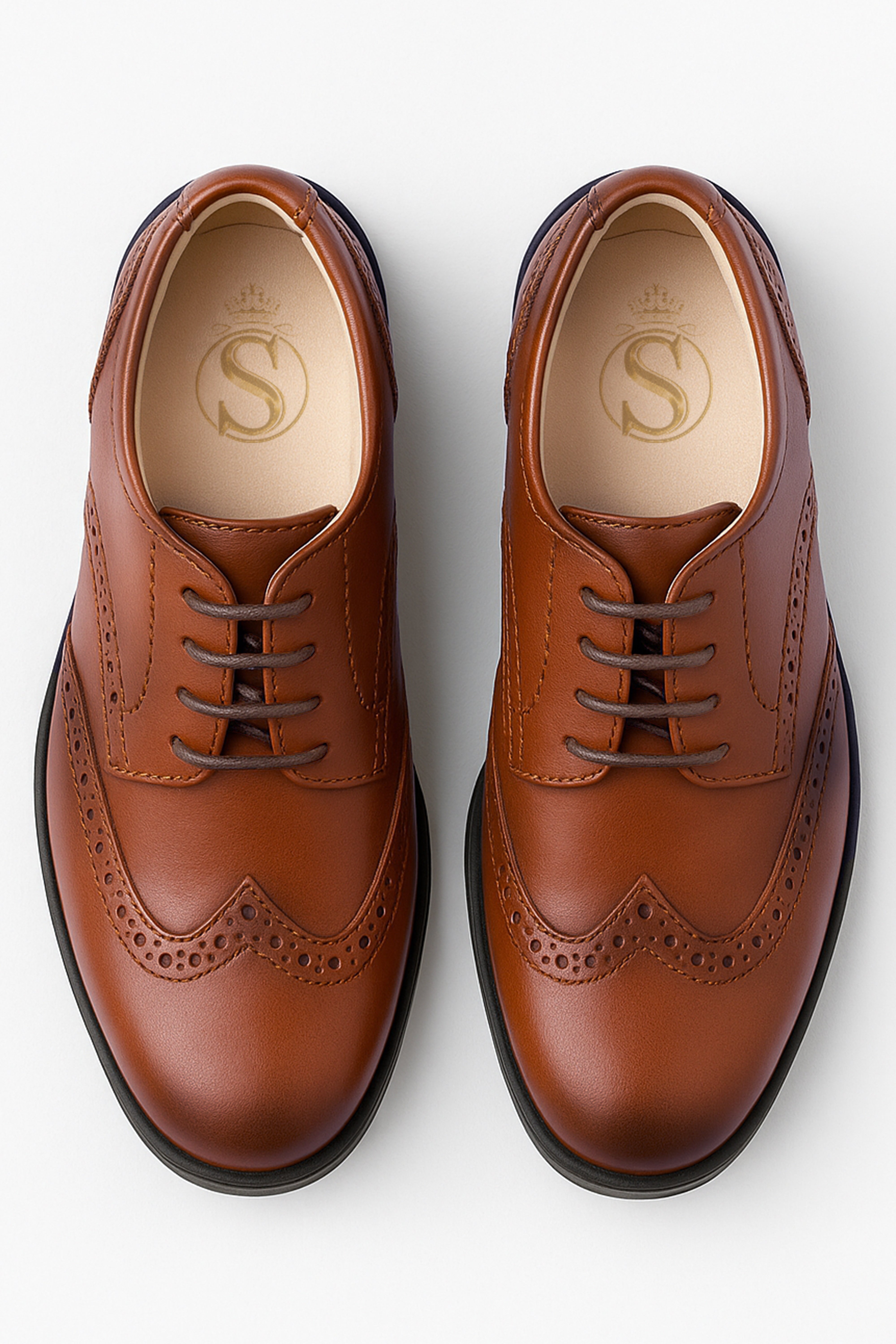 Boys Derby Brogue Lace Up Dress Shoes - Tan Brown Front Picture