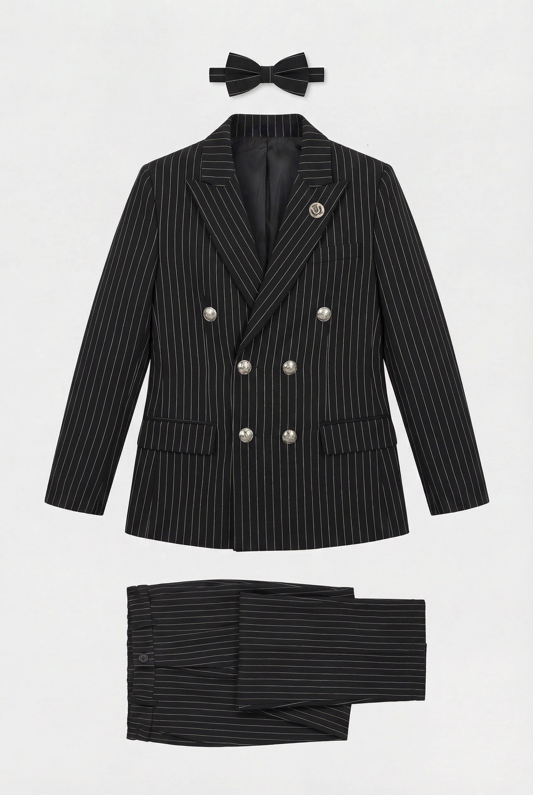 Costume garçon à rayures fines croisé - Ensemble 3 pièces & 6 pièces - Noir