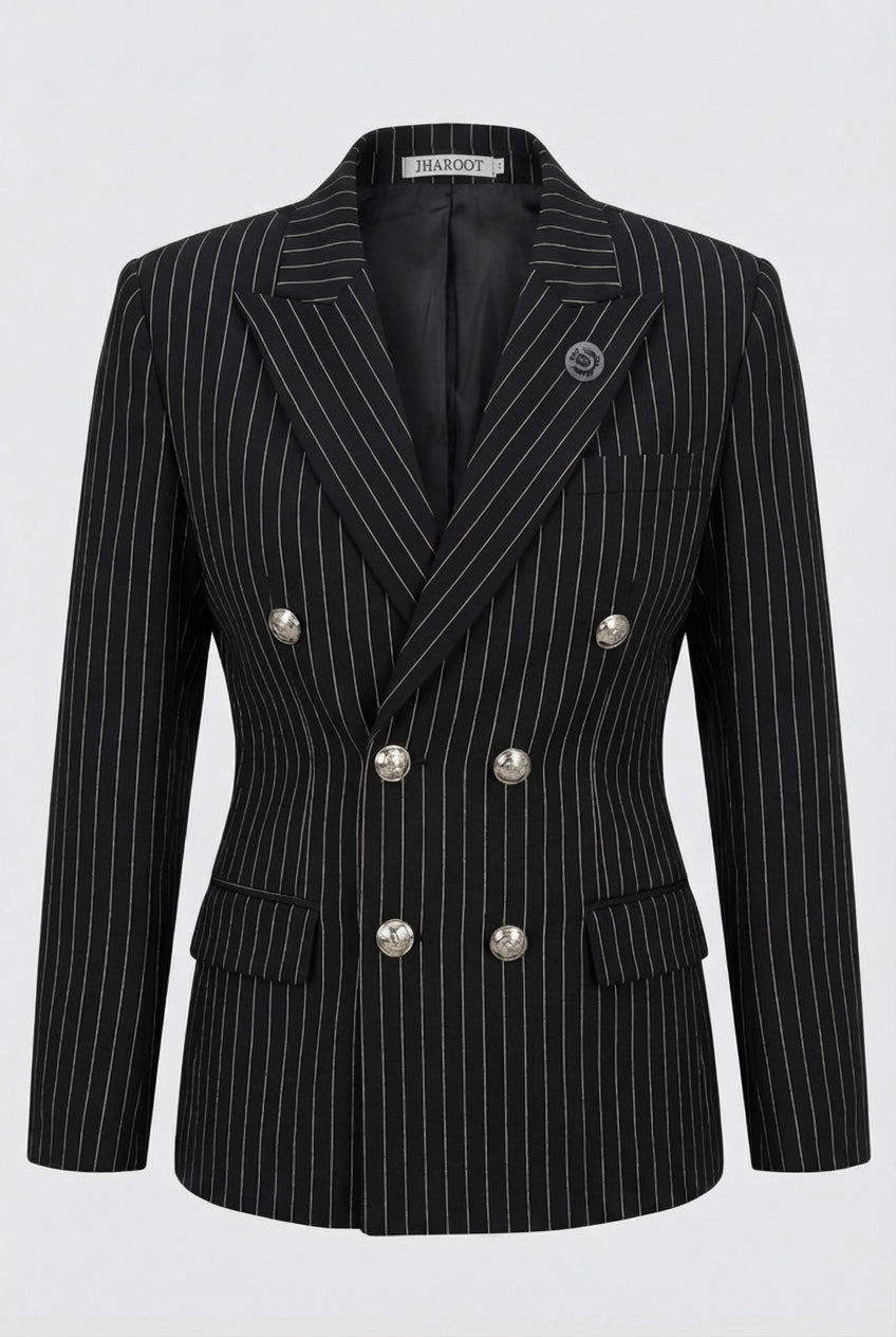 Costume garçon à rayures fines croisé - Ensemble 3 pièces & 6 pièces - Noir